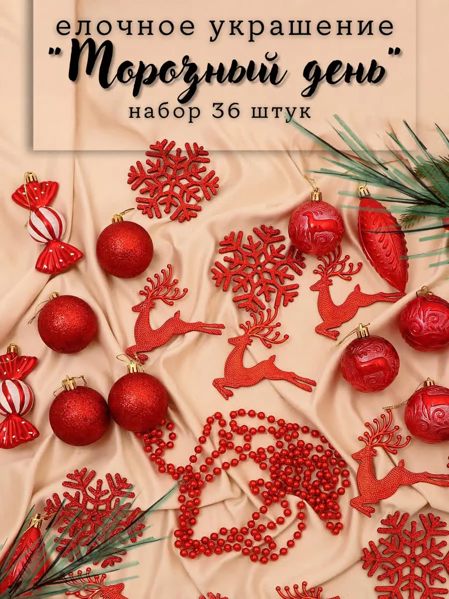 Изображение товара Набор елочных игрушек Морозный день Зимнее волшебство 6536972 24.5 см х 36.5 см красный