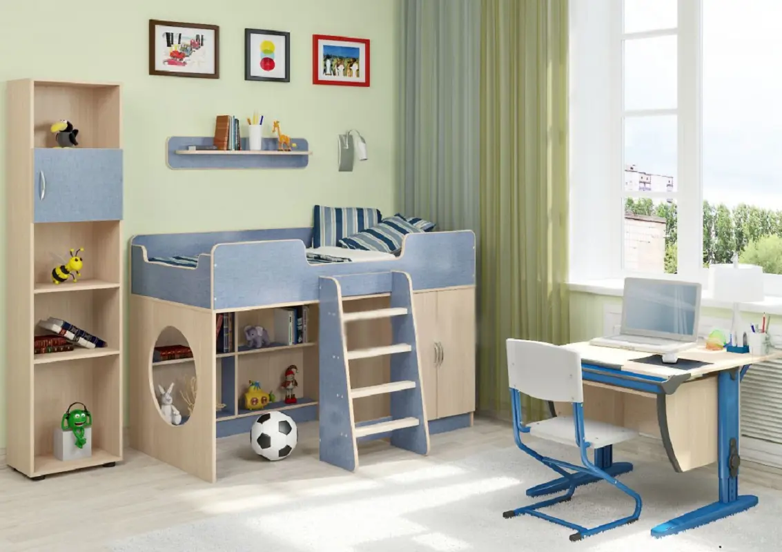 Изображение товара Кровать Кариви Сказка 255.20x184.80x116.80 см ЛДСП цвет дуб молочный/голубой