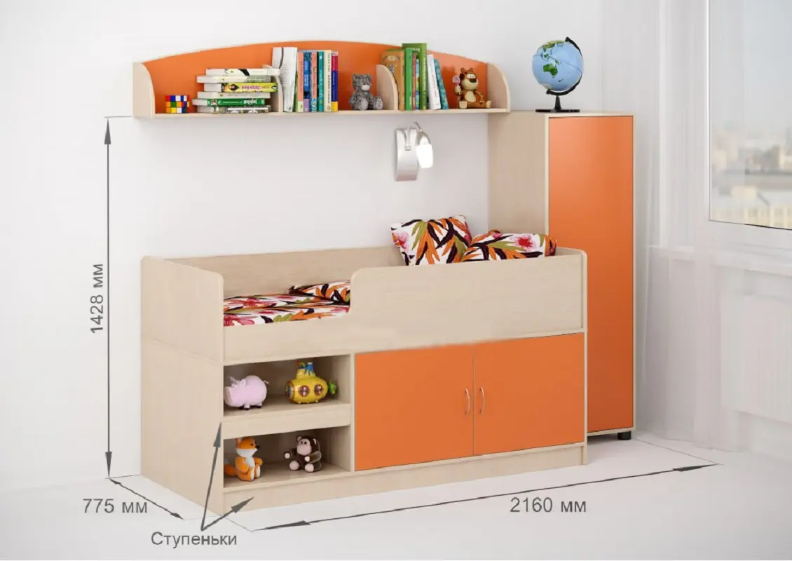 Изображение товара Кровать Кариви Сказка 215.80x142.80x75 см ЛДСП цвет дуб молочный/оранжевый
