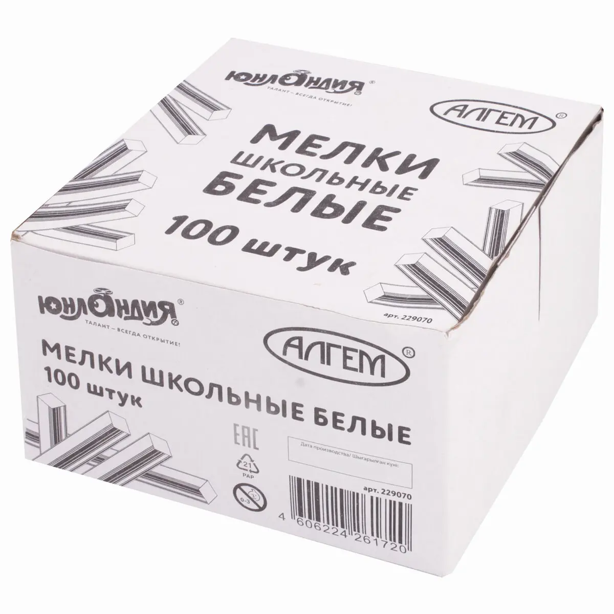 Изображение товара Мел белый Юнландия (Алгем) 229070, натуральный набор 100 штук, квадратный