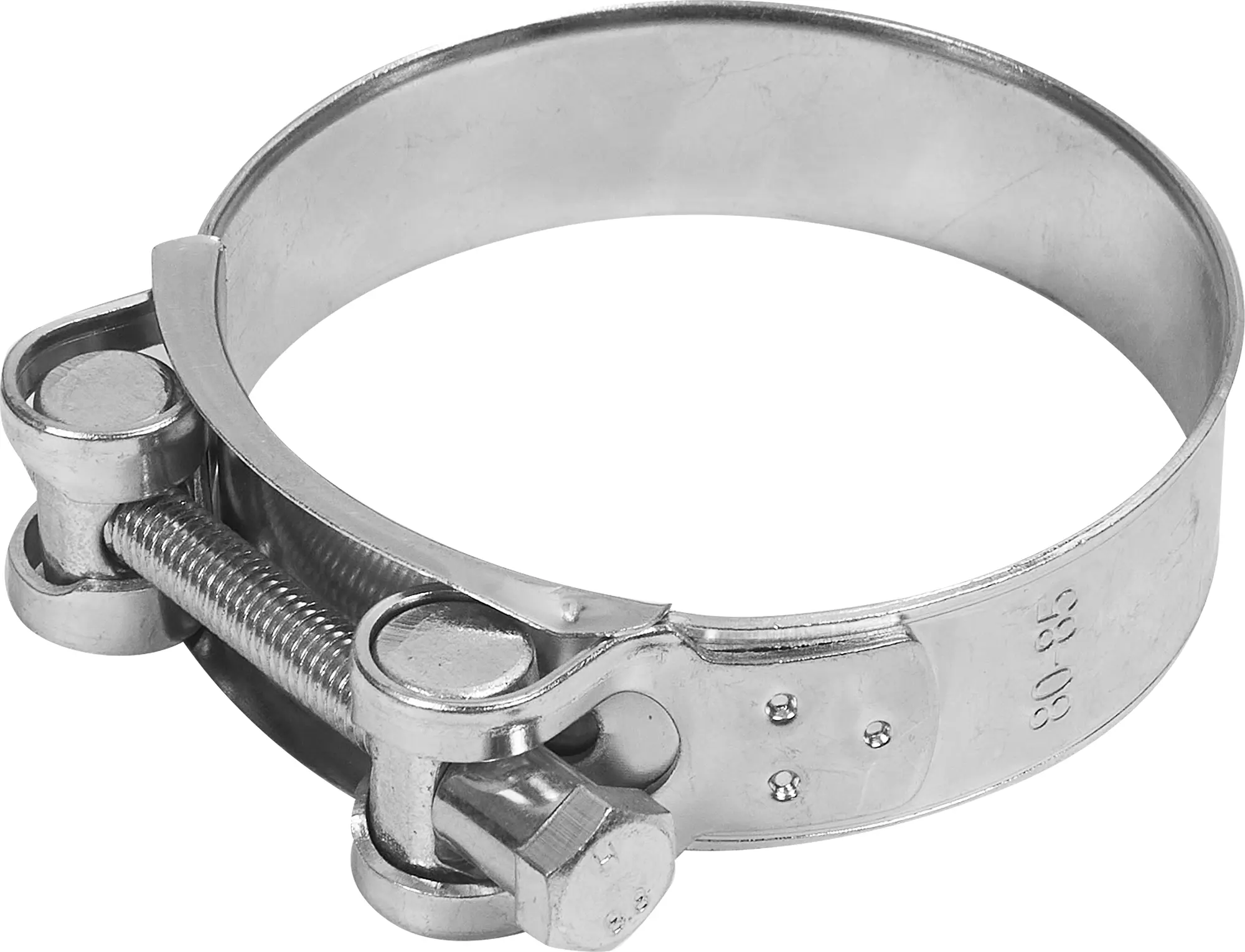 Изображение товара Хомут силовой оцинкованный 80-85 мм для труб ПВХ и резины, 2 шт
