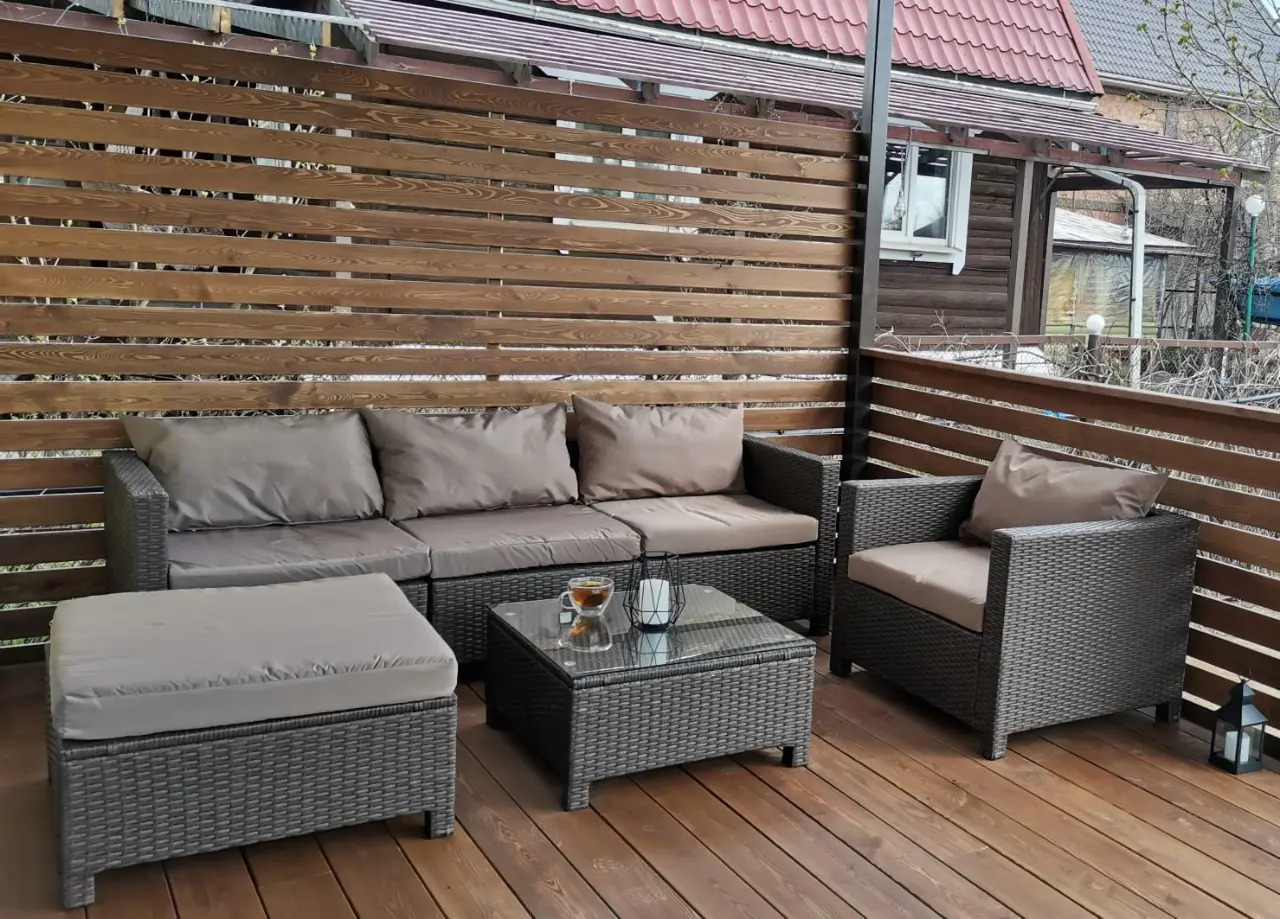 Изображение товара Садовая мебель для отдыха Афина мебель YR821A-brown/beige искусственный ротанг серый:стол, диван, кресло, пуф