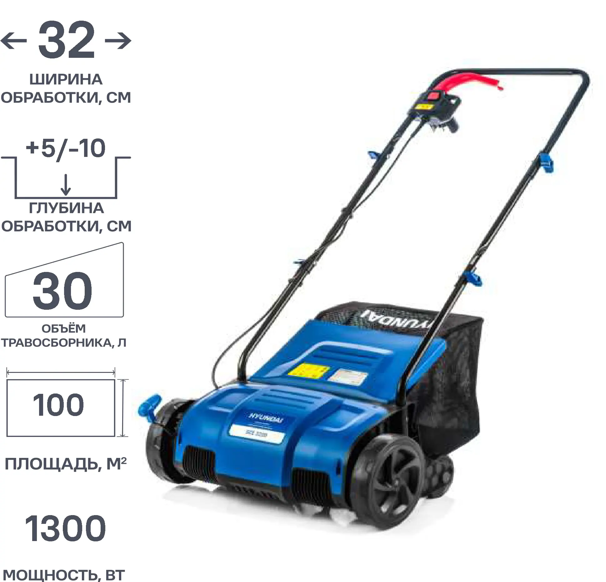 Изображение товара Электрический вертикуттер-аэратор Hyundai SCE3220 мощностью 1300 Вт для газона до 100 м²