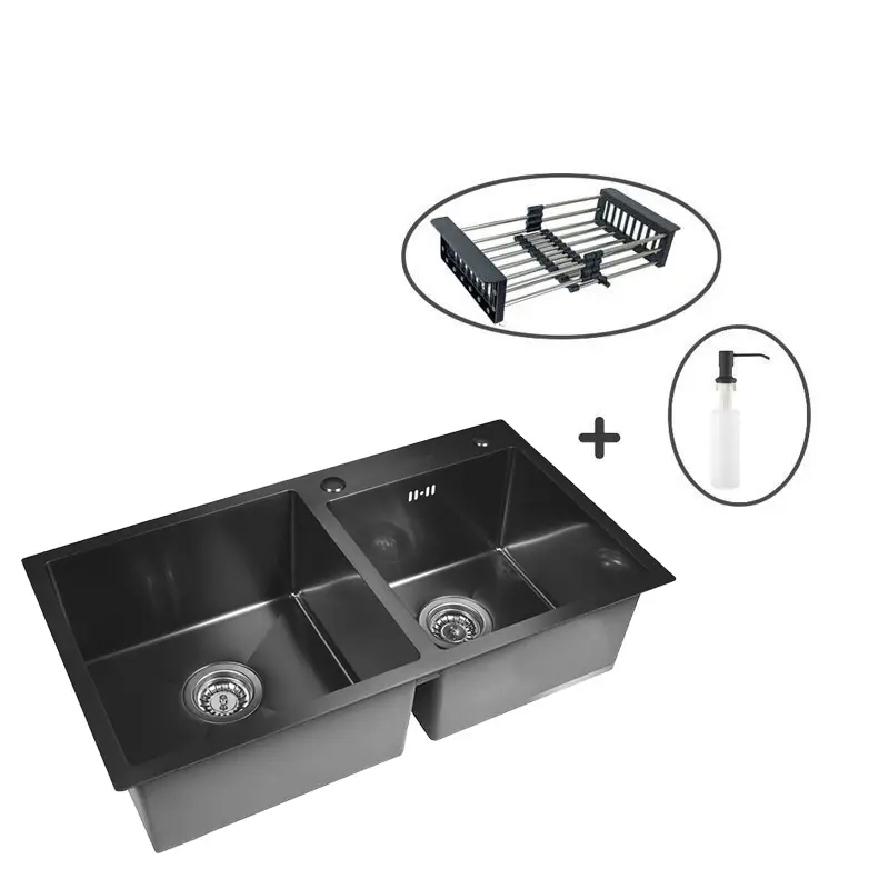 Изображение товара Мойка для кухни двойная нержавеющая 78x43 Wisent графит с коландером и дозатором WGS37843B-S/W302644B/W405B/WGER011