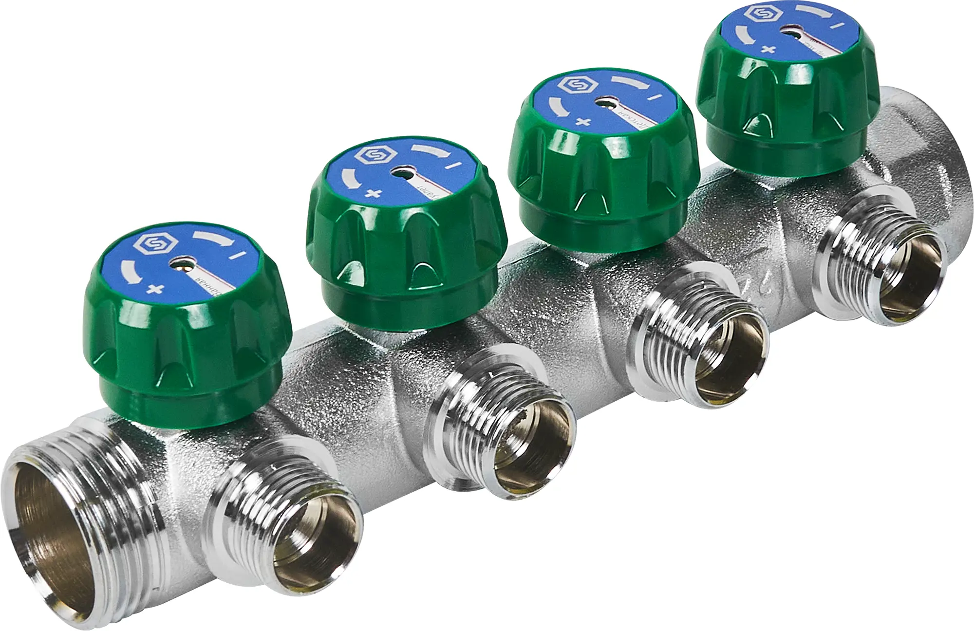 Изображение товара Коллектор регулирующий Stout 4 отвода 1x1/2 дюйма латунь для отопления и водоснабжения