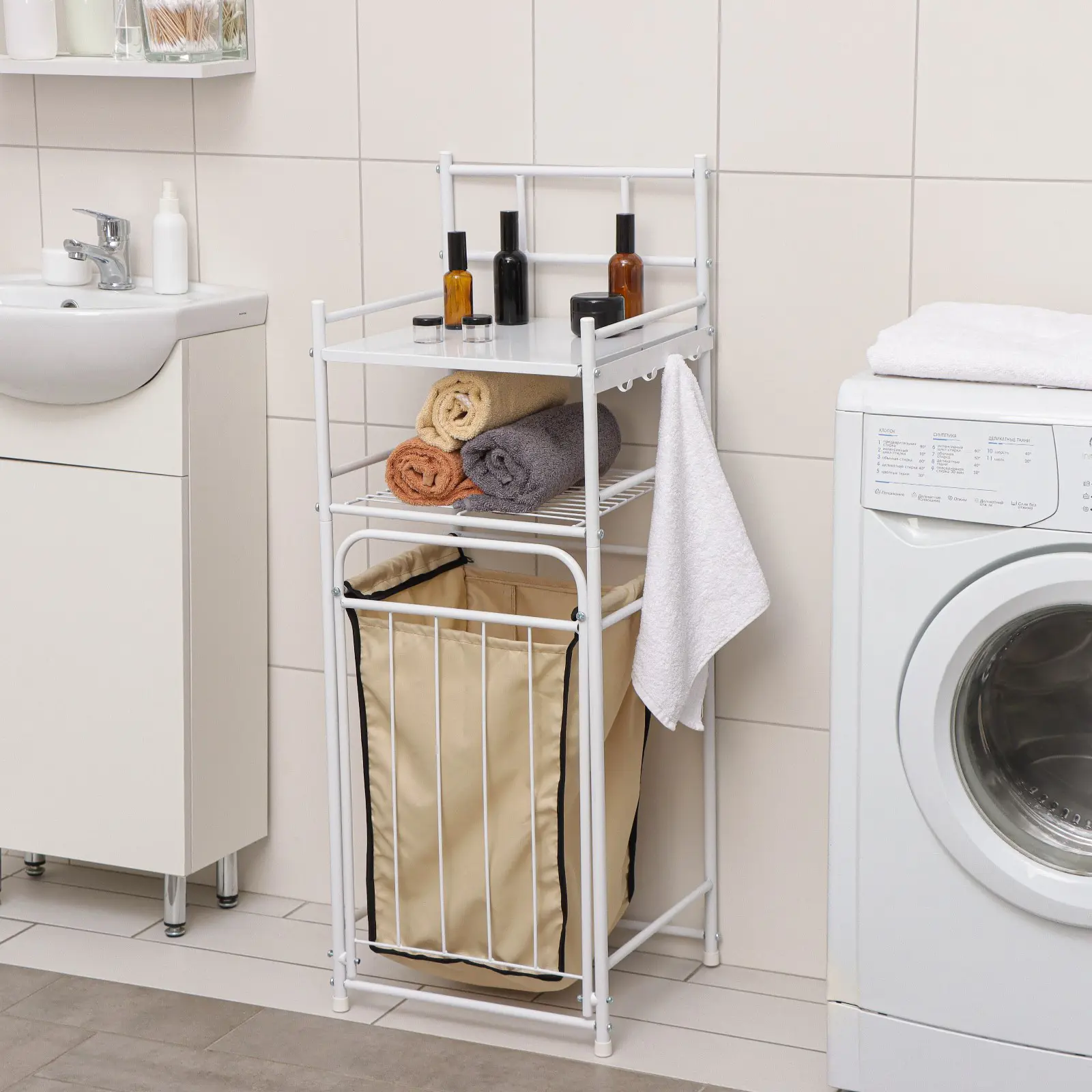 Изображение товара Стеллаж с корзиной для белья 2-x ярусный Клик Мебель 9197603 35x105x38см цвет белый