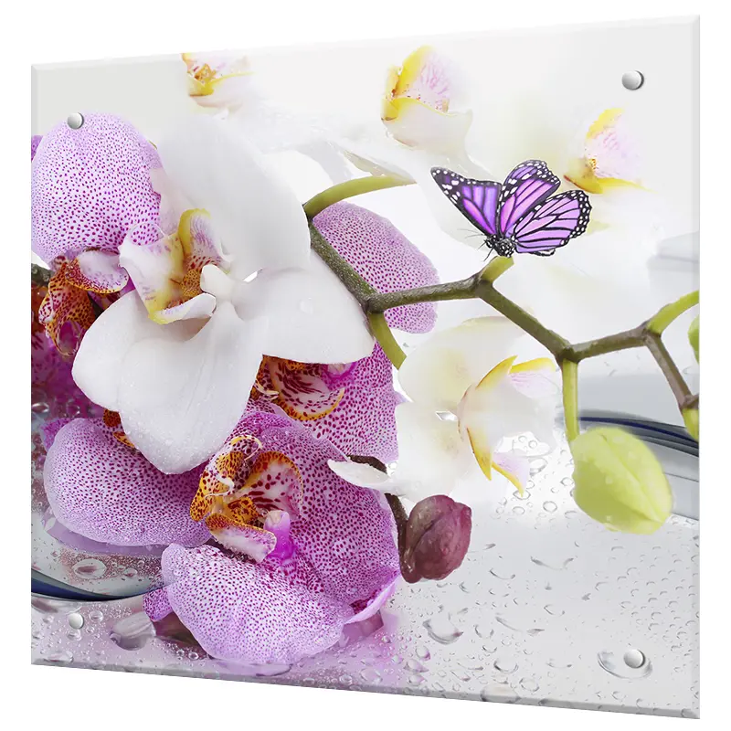 Изображение товара Декоративный кухонный фартук Borntoprint Орхидеи и бабочки 60x60x4 см закаленное стекло цвет прозрачный