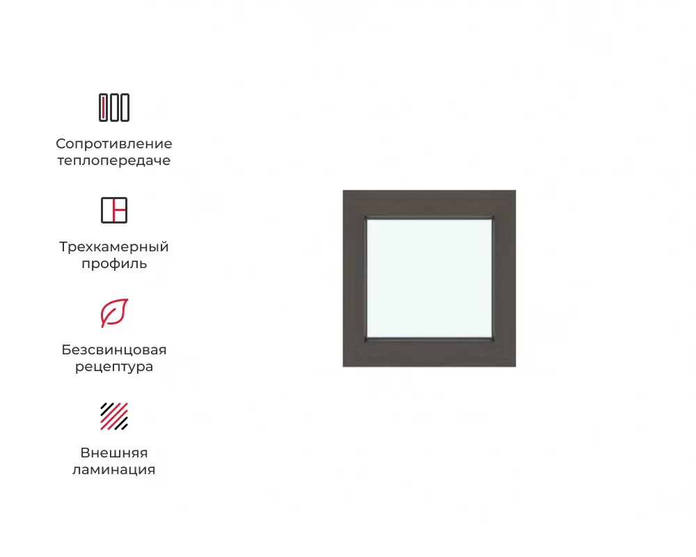 Изображение товара Окно ПВХ Амега глухое 60х60см двухкамерный стеклопакет темный дуб
