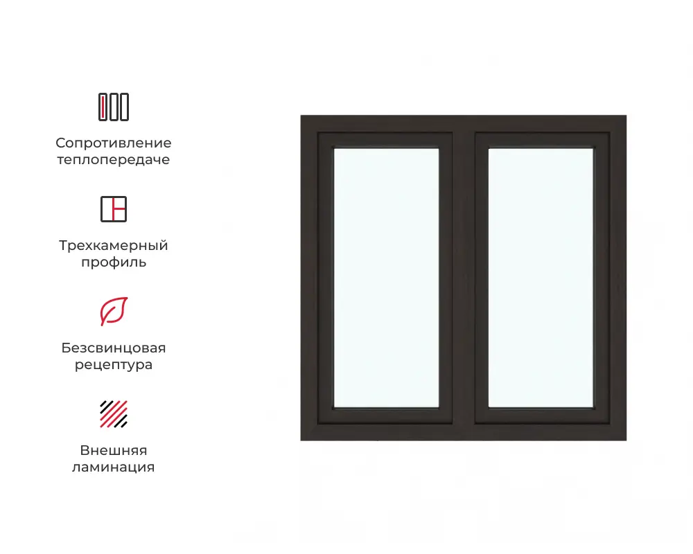Изображение товара Окно ПВХ Амега двустворчатое левое поворотное/правое поворотно-откидное 120х120см двухкамерный стеклопакет шоколадно-коричневый