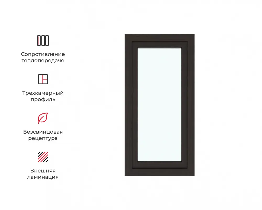 Изображение товара Окно ПВХ Амега одностворчатое поворотно-откидное правое 120х60см двухкамерный стеклопакет шоколадно-коричневый