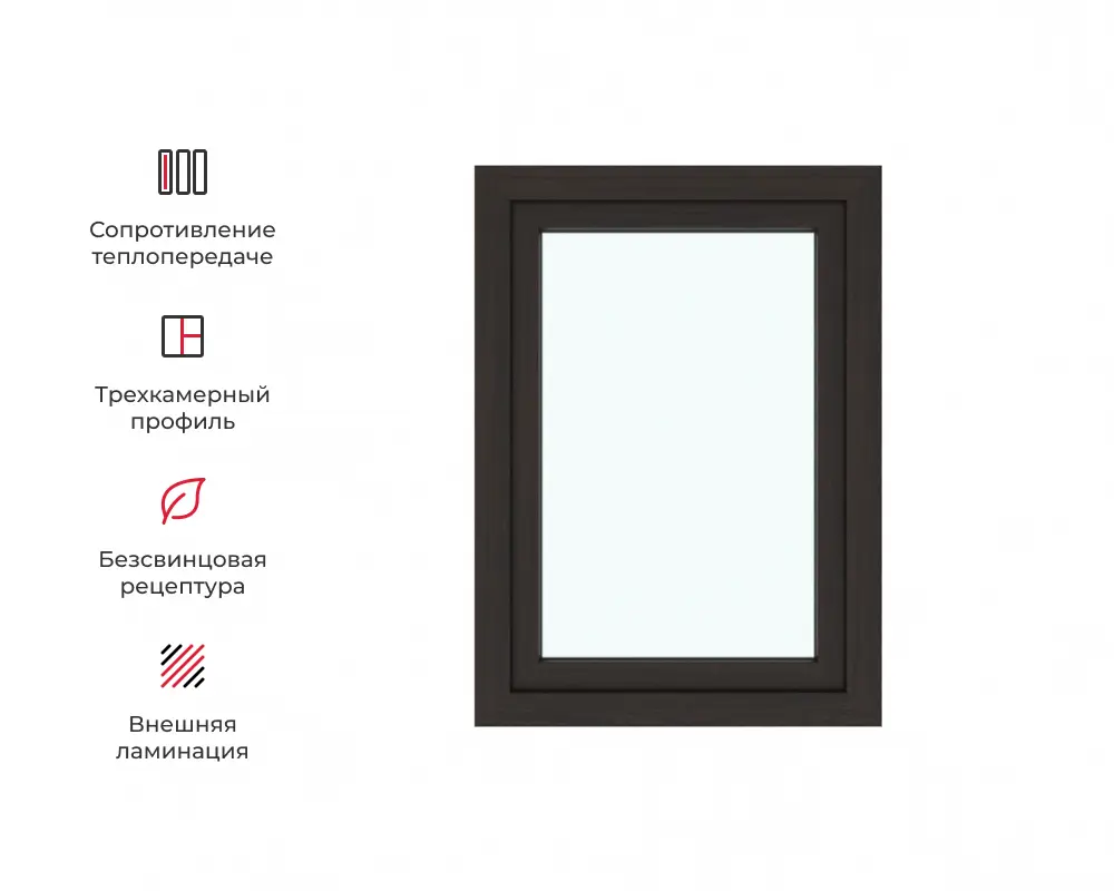 Изображение товара Окно ПВХ Амега одностворчатое поворотно-откидное левое 110х80см двухкамерный стеклопакет шоколадно-коричневый