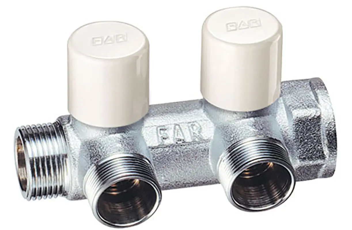 Изображение товара Коллектор FAR с двумя выходами 1" x 1/2" из латуни, регулируемый для водоснабжения и отопления
