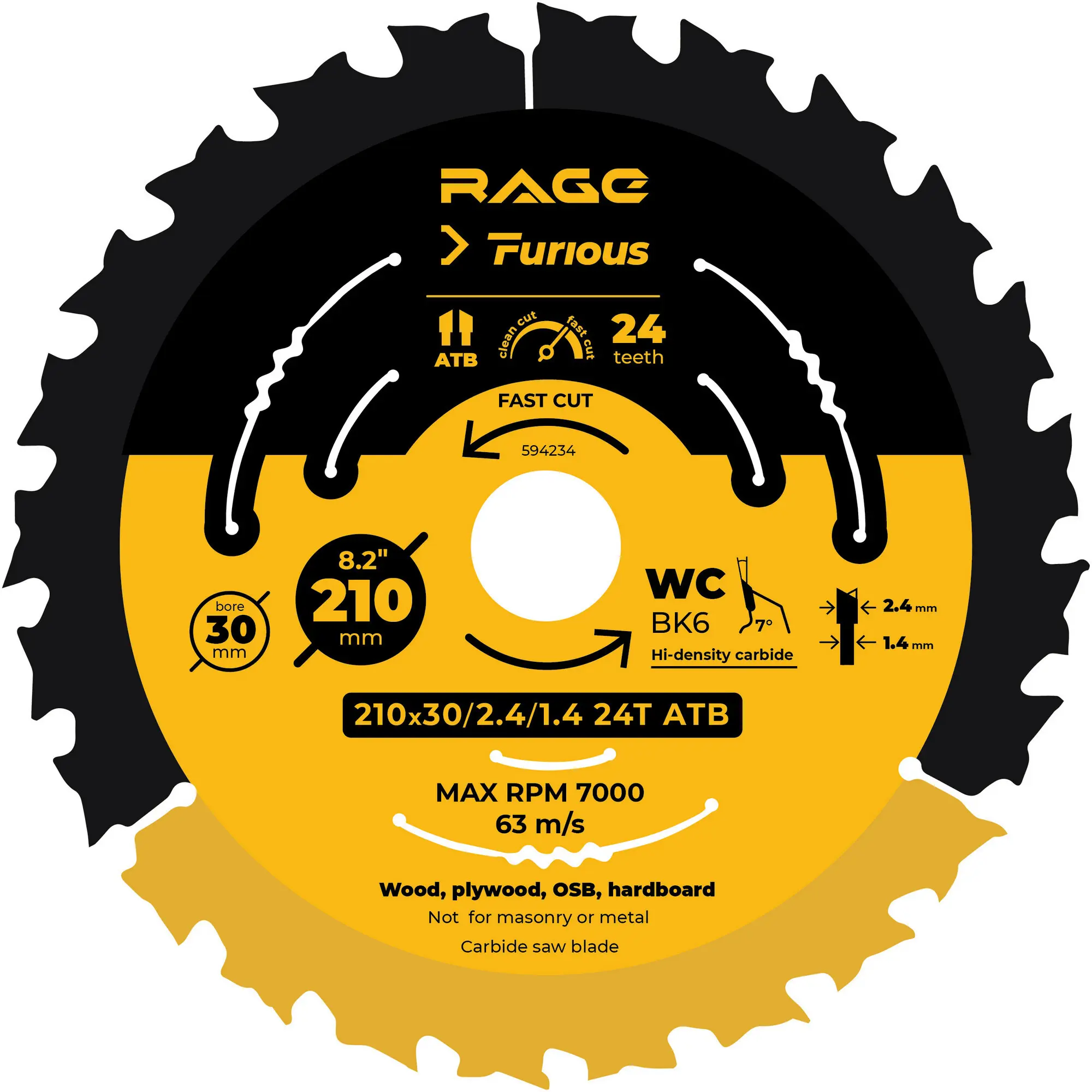 Изображение товара Диск пильный по дереву Rage Furious 24Т 210x30x2.4 мм, кольца 25.4/20/16