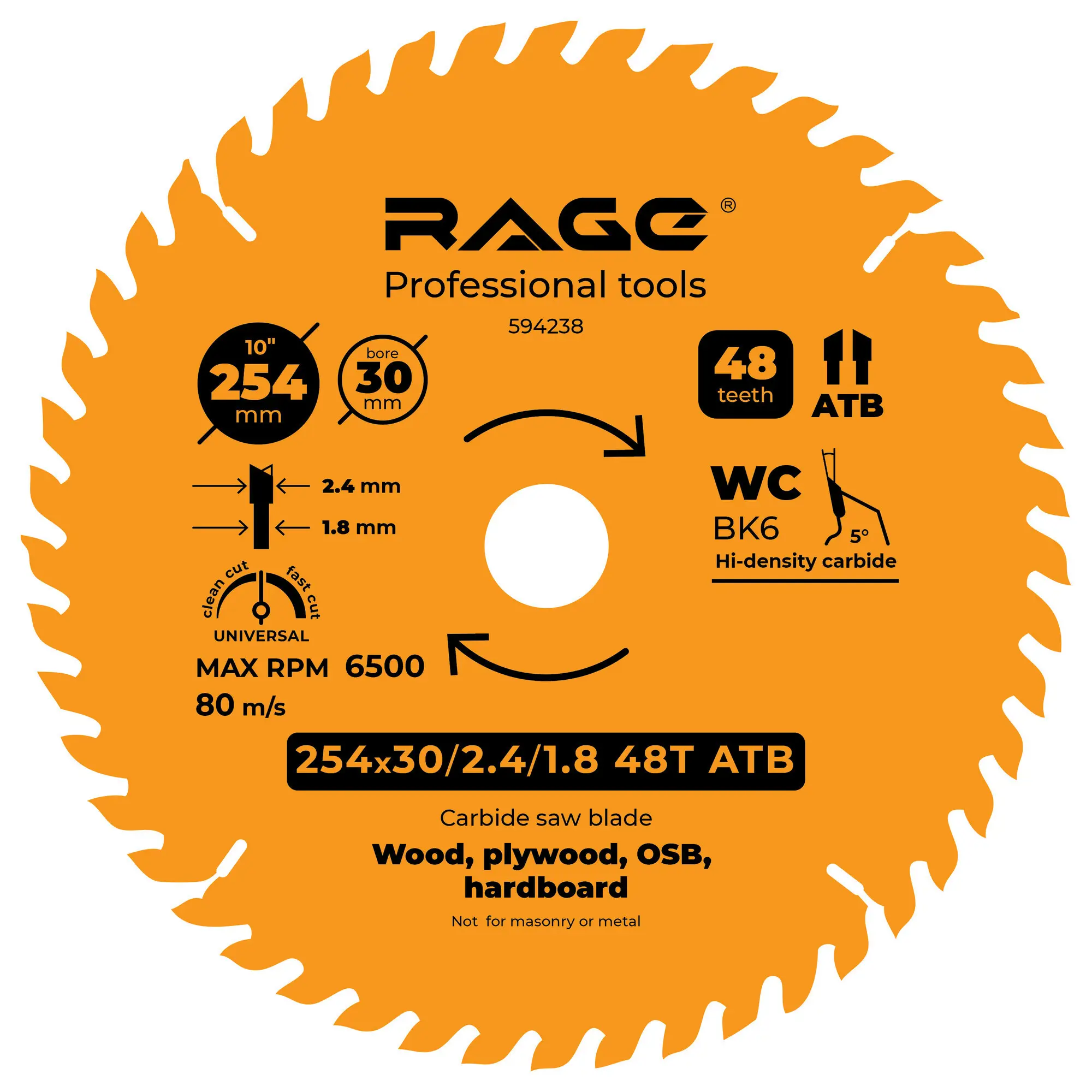 Изображение товара Диск пильный по дереву Rage 48Т 254x30x2.4 мм, кольца 25.4/20/16