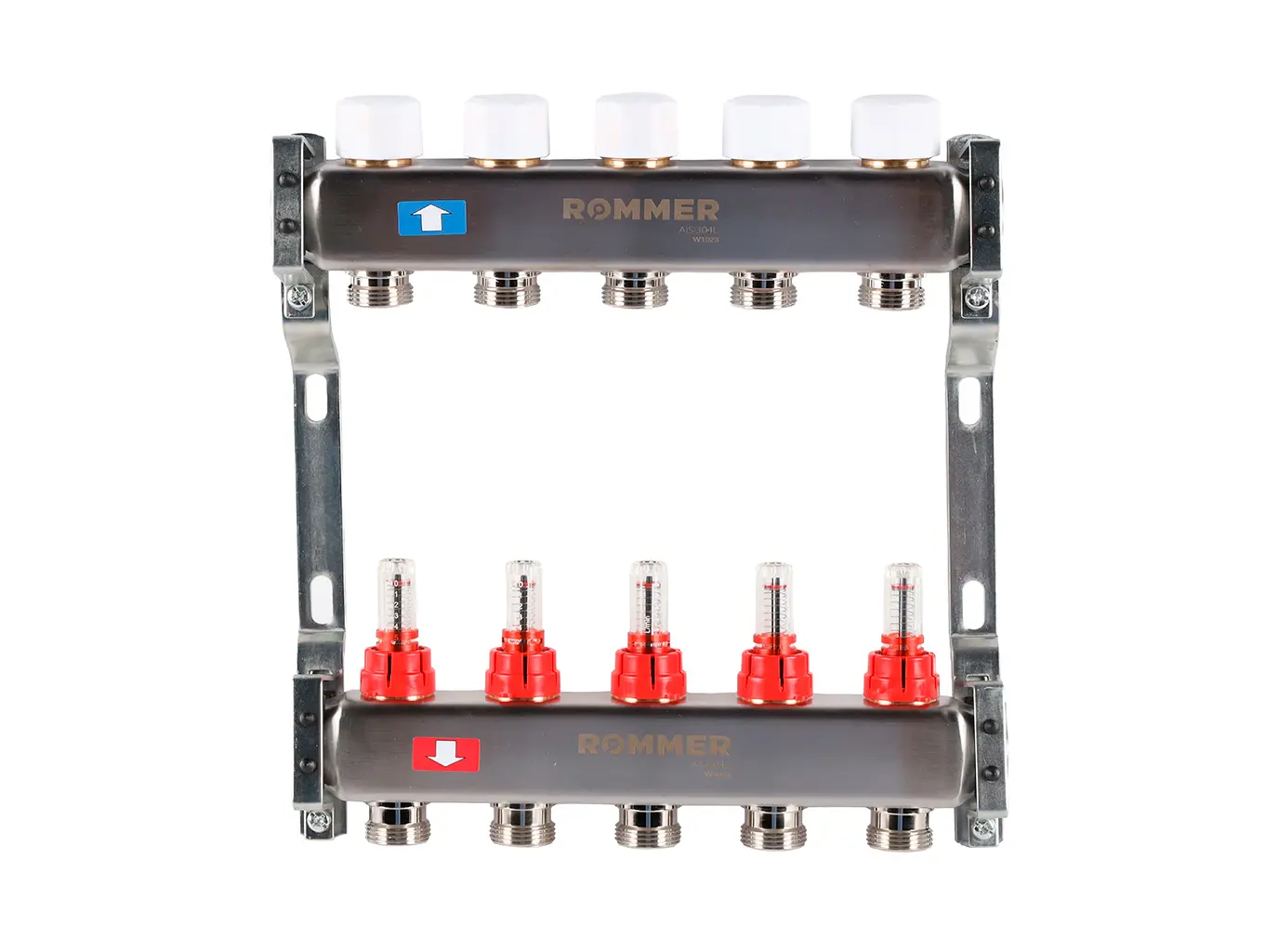 Изображение товара Коллектор с расходомером Rommer 1"x3/4" 5 выходов нержавеющая сталь RMS-1200-000005