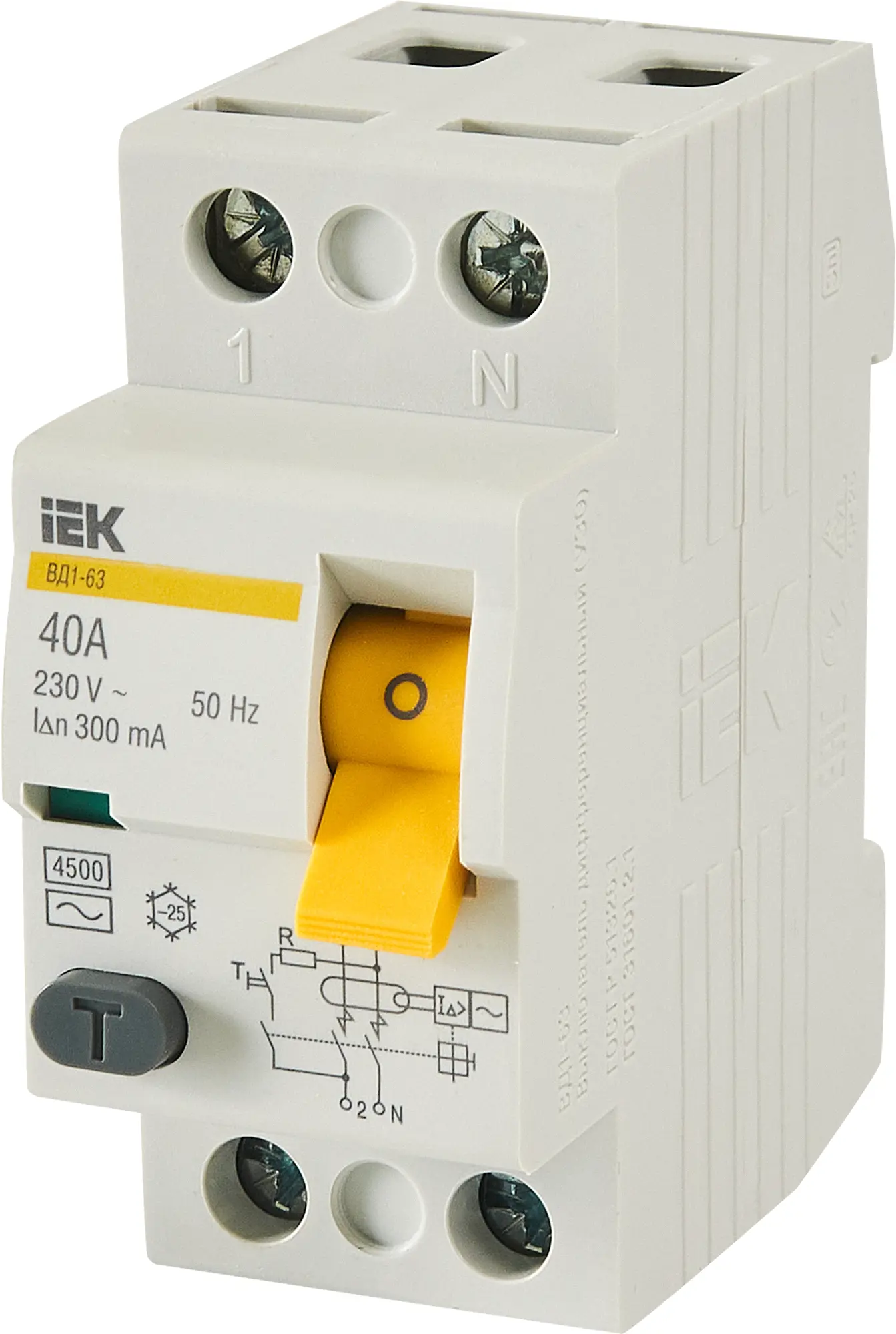 Изображение товара УЗО IEK ВД1-63 2Р 40А 300мА AC с высокой отключающей способностью