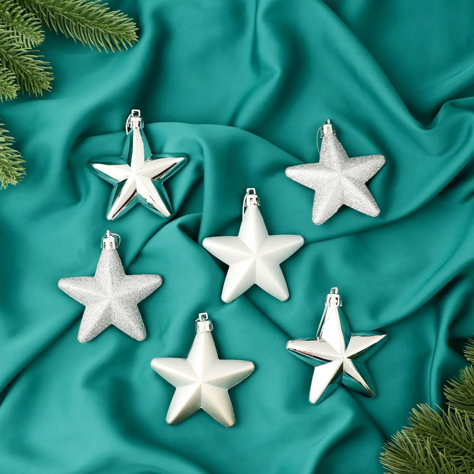 Изображение товара Набор елочных игрушек Звездопад Зимнее волшебство 9510183 8 см серый/серебристый 6 шт