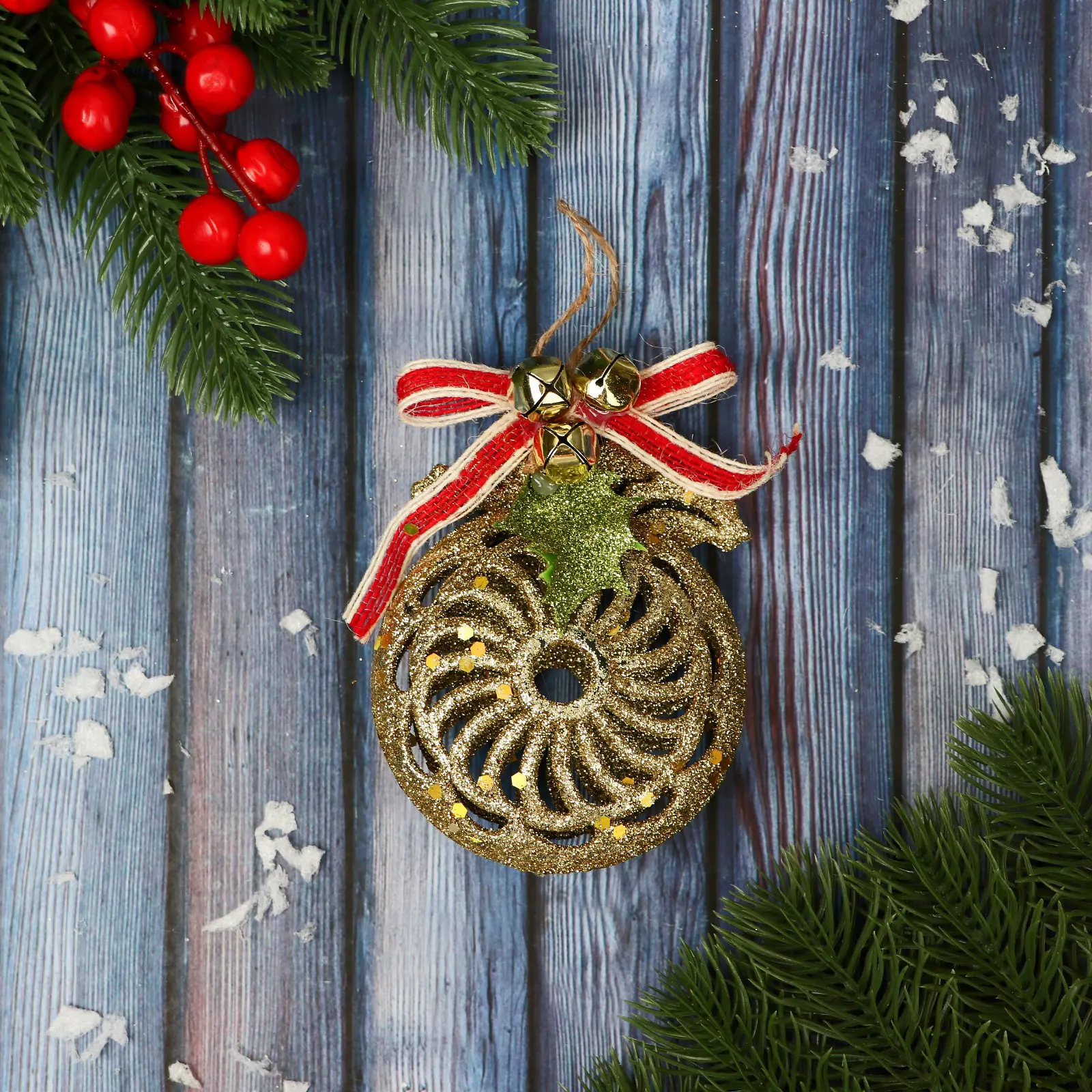 Изображение товара Елочная игрушка Шар ажур Зимнее волшебство 9692833 8 см жёлтый/золотой