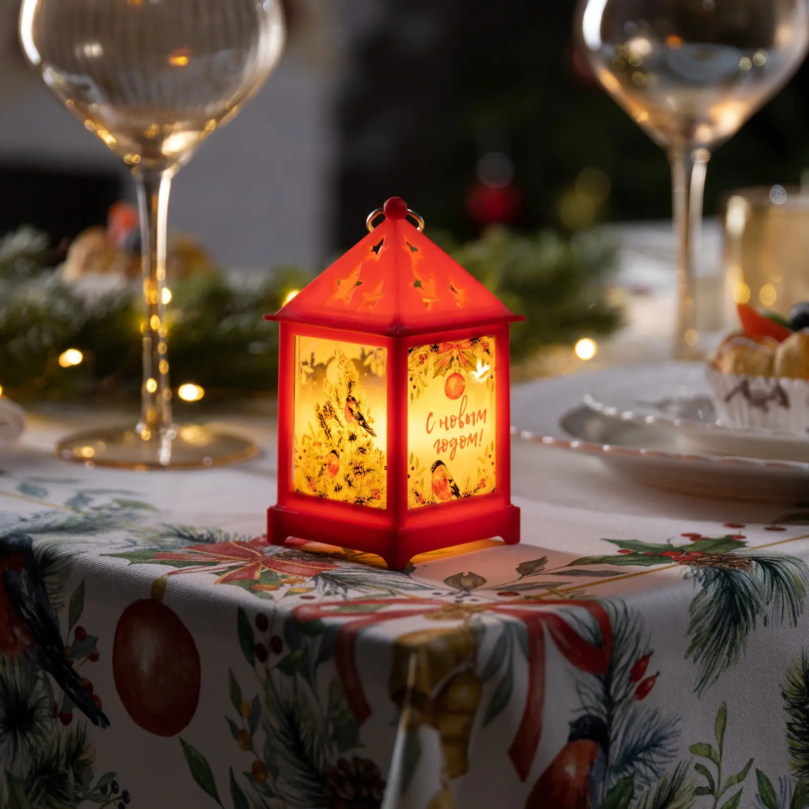 Изображение товара Светящаяся электрическая фигура Красный фонарь со снегирями для дома Luazon lighting 0 ламп h 6.3 см разноцветный