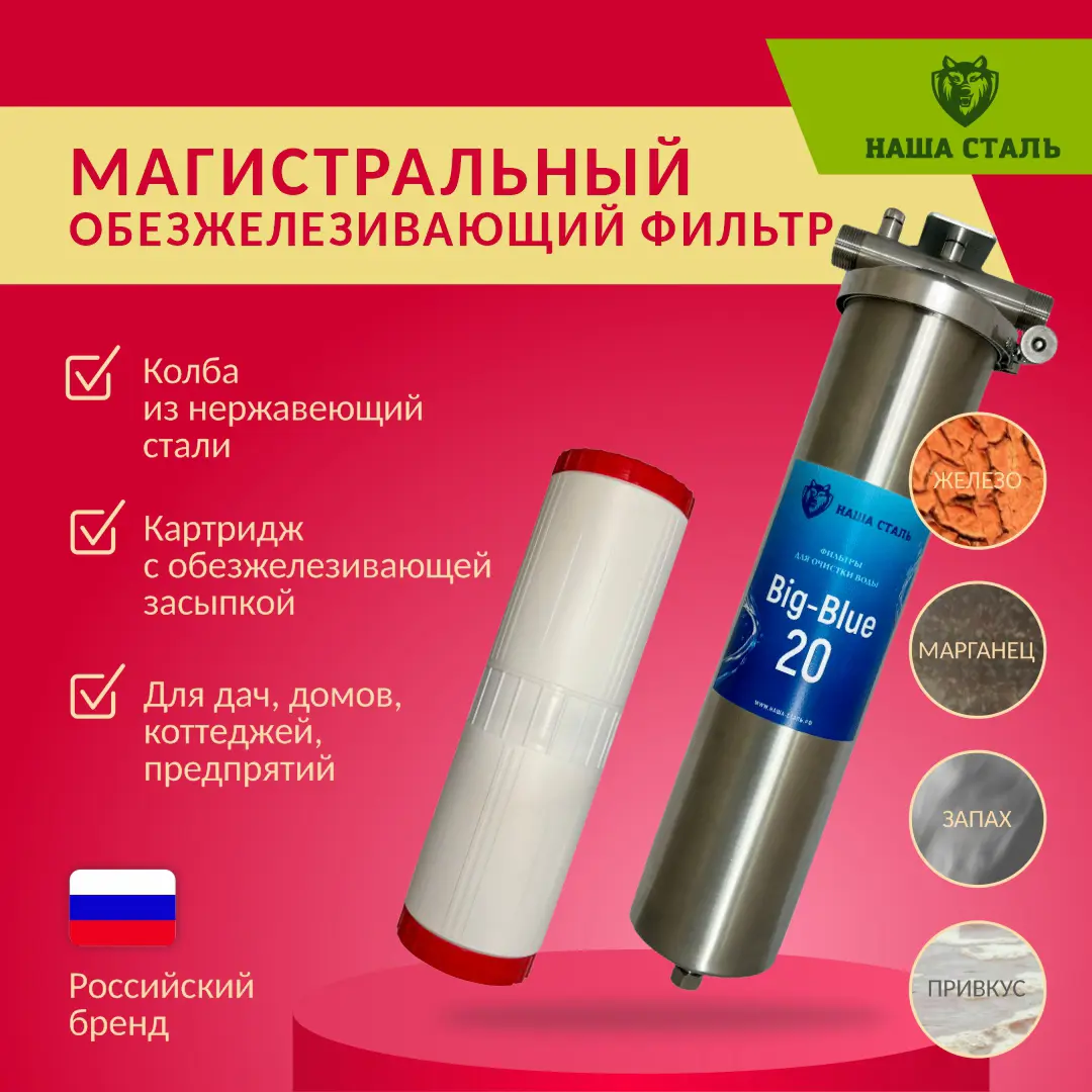 Изображение товара Фильтр для холодного водоснабжения Наша сталь BB20 1 дюйм с картриджем обезжелезивания
