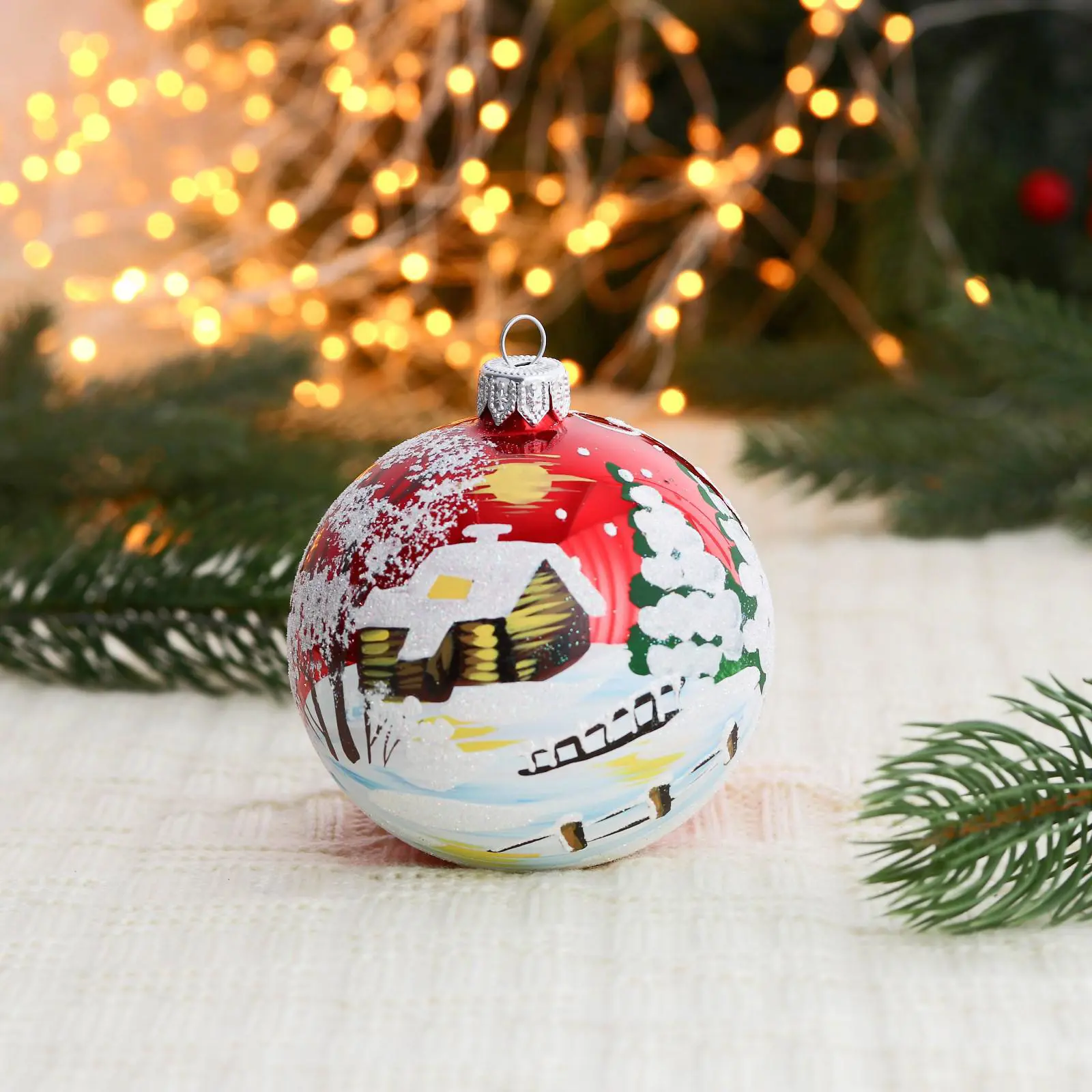 Изображение товара Елочный шар Винтажный шар 7077097 ФБО Сельский домик 8 см стекло разноцветный