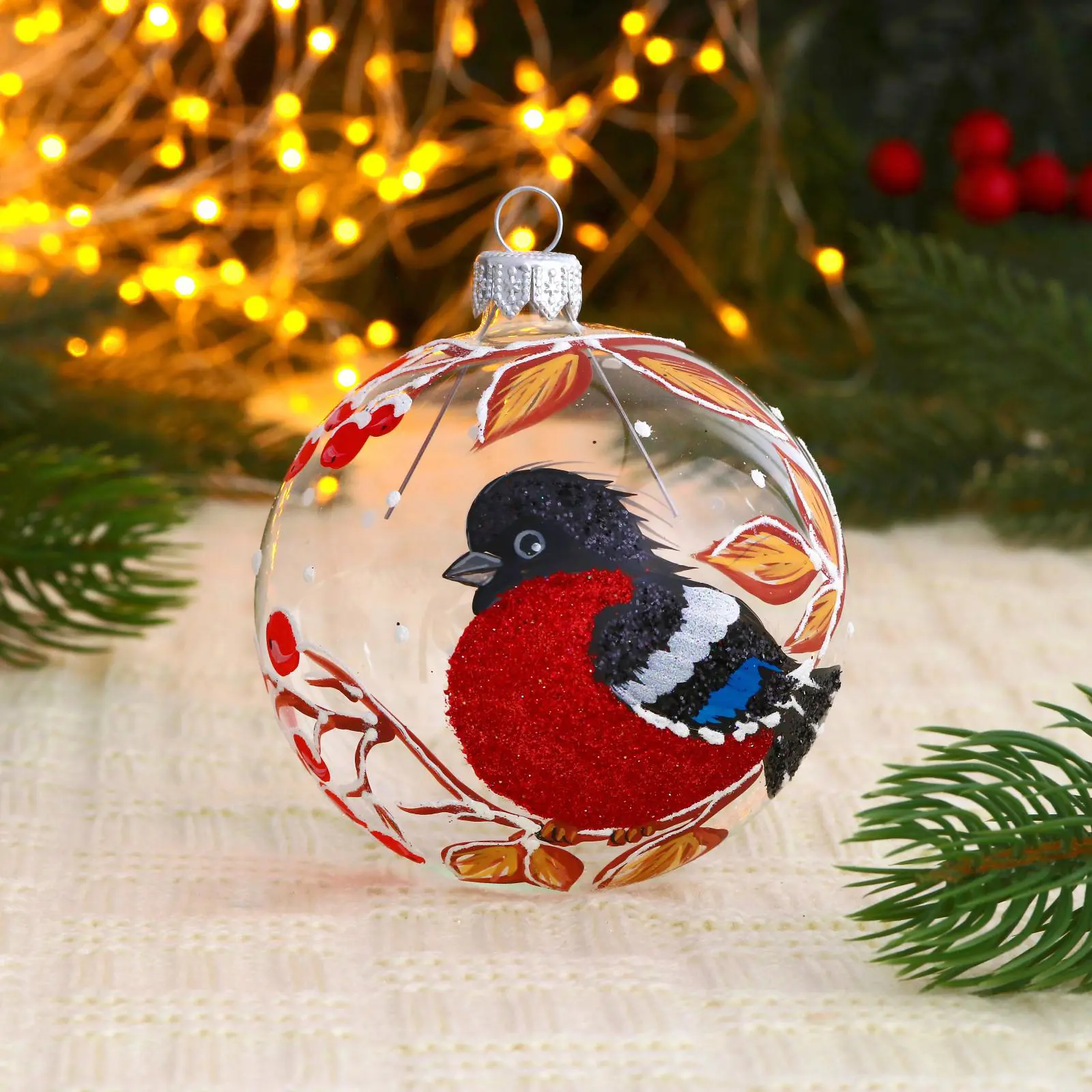 Изображение товара Елочный шар Винтажный шар 7077088 ФБО Снегирь 8 см стекло разноцветный