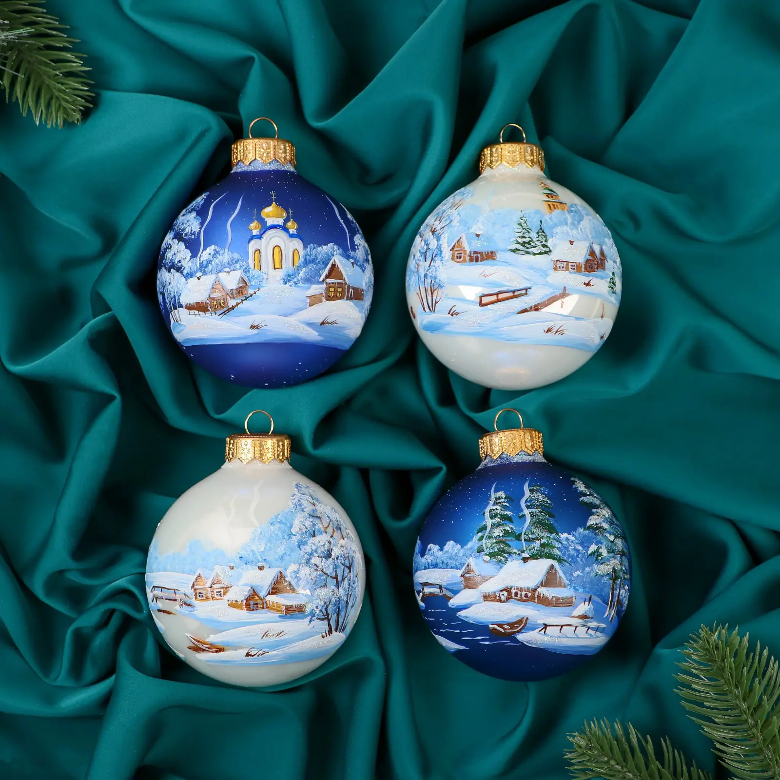 Изображение товара Набор елочных шаров Ферма радости 5182821 ФБО Зимняя композиция 8 см стекло разноцветный 4 шт