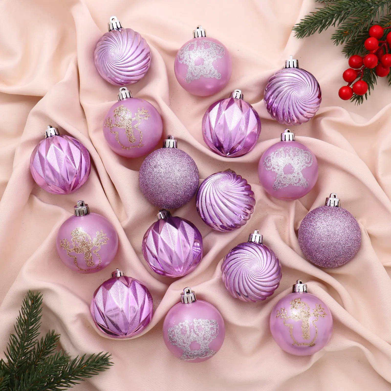 Изображение товара Набор елочных шаров Зимнее волшебство 6531975 ФБО Патрис полоски 6 см пластик розовый 16 шт