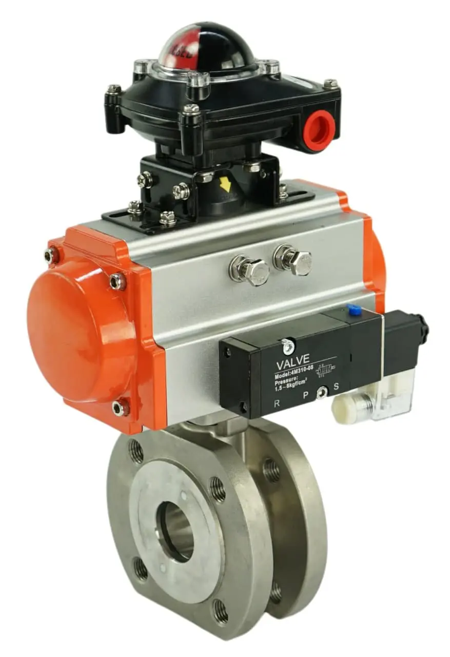 Изображение товара Кран шаровой с пневмоприводом DN.RU D160-01659 из нержавеющей стали, Ду100, давление 16 бар