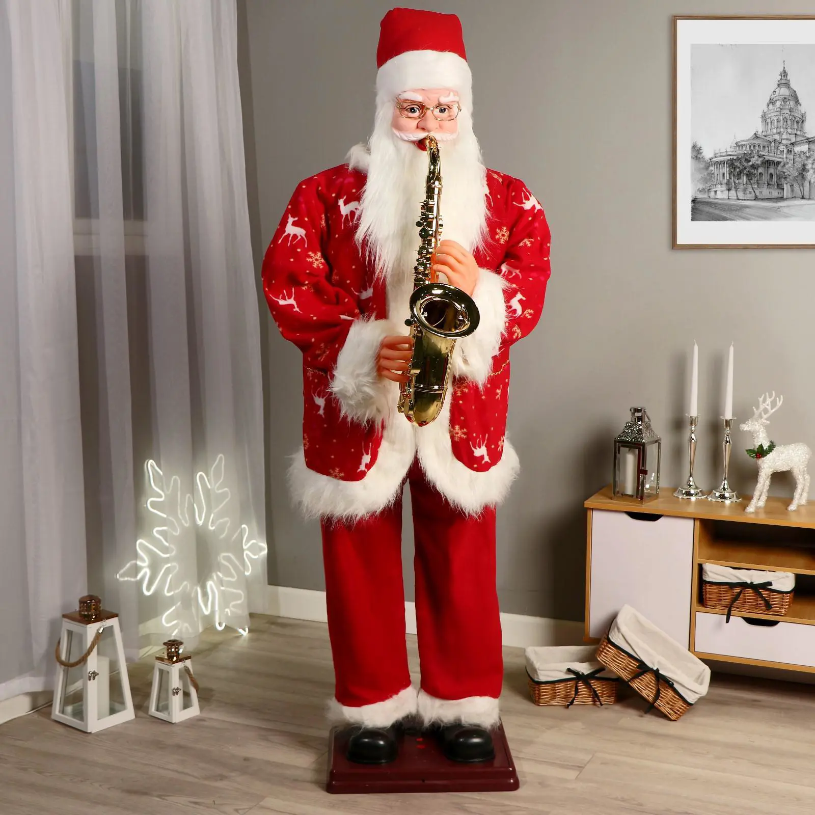 Изображение товара Декоративная фигура Зимнее волшебство Дед Мороз в шубке с оленями с саксофоном двигается музыка саксофон 180 см