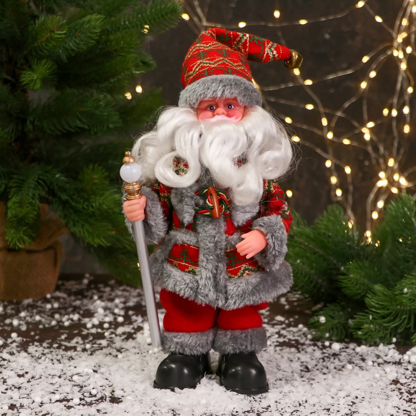 Изображение товара Декоративная фигура Зимнее волшебство Дед Мороз В цветной шубке и с фонариком на посохе h 30 см красно-серый