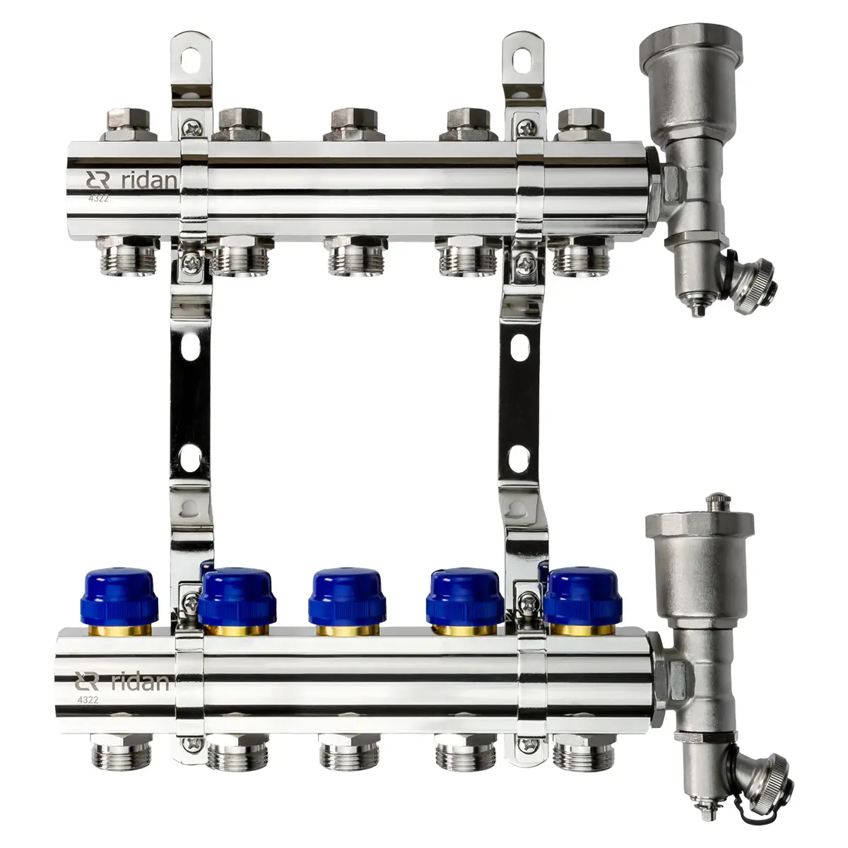 Изображение товара Коллектор Ридан на 5 выходов для отопления, латунь, никелированный, Россия