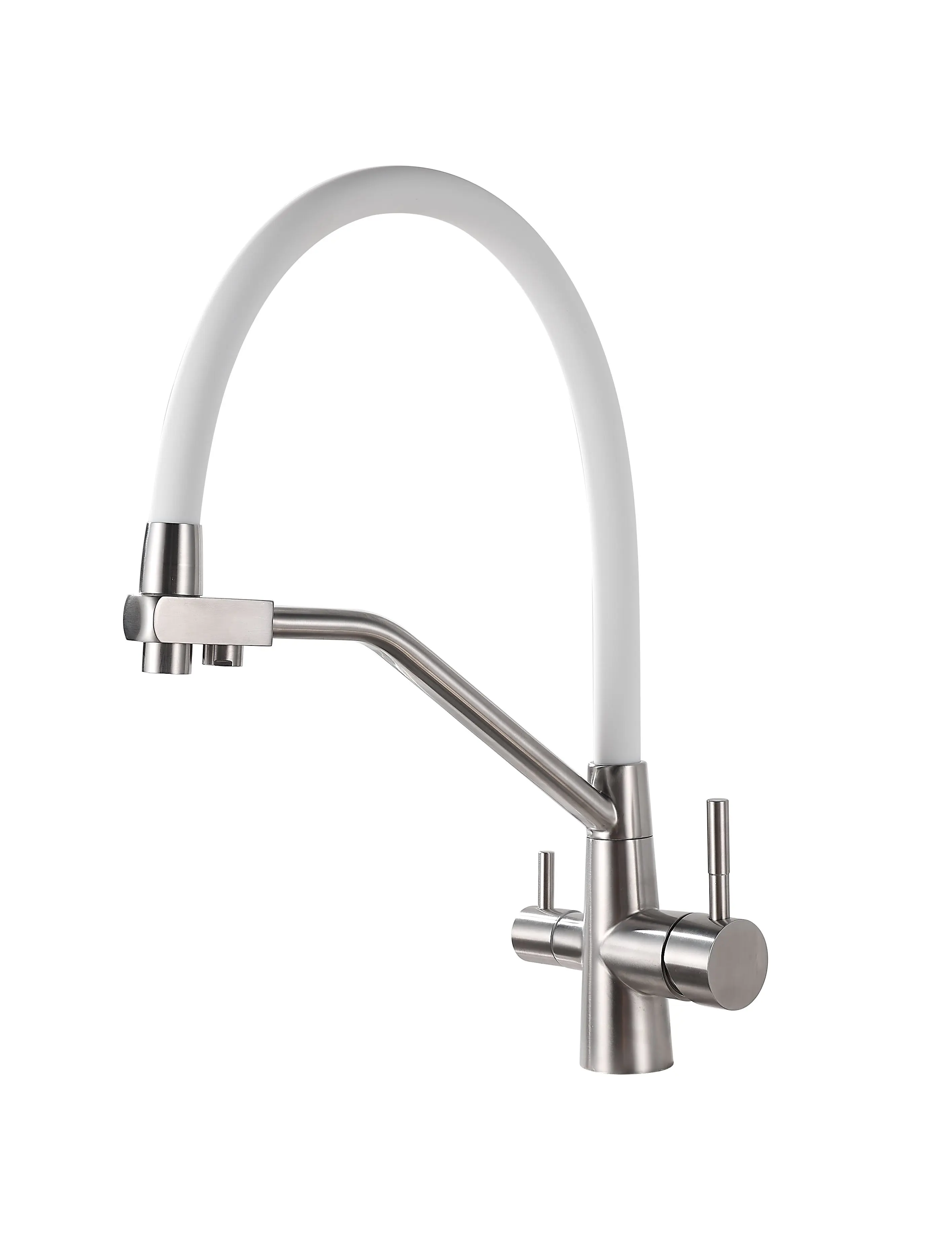 Изображение товара Смеситель для кухни однорычажный Oute T603S двойной излив 20.30 см нержавеющая сталь цвет матовый хром/кофейный