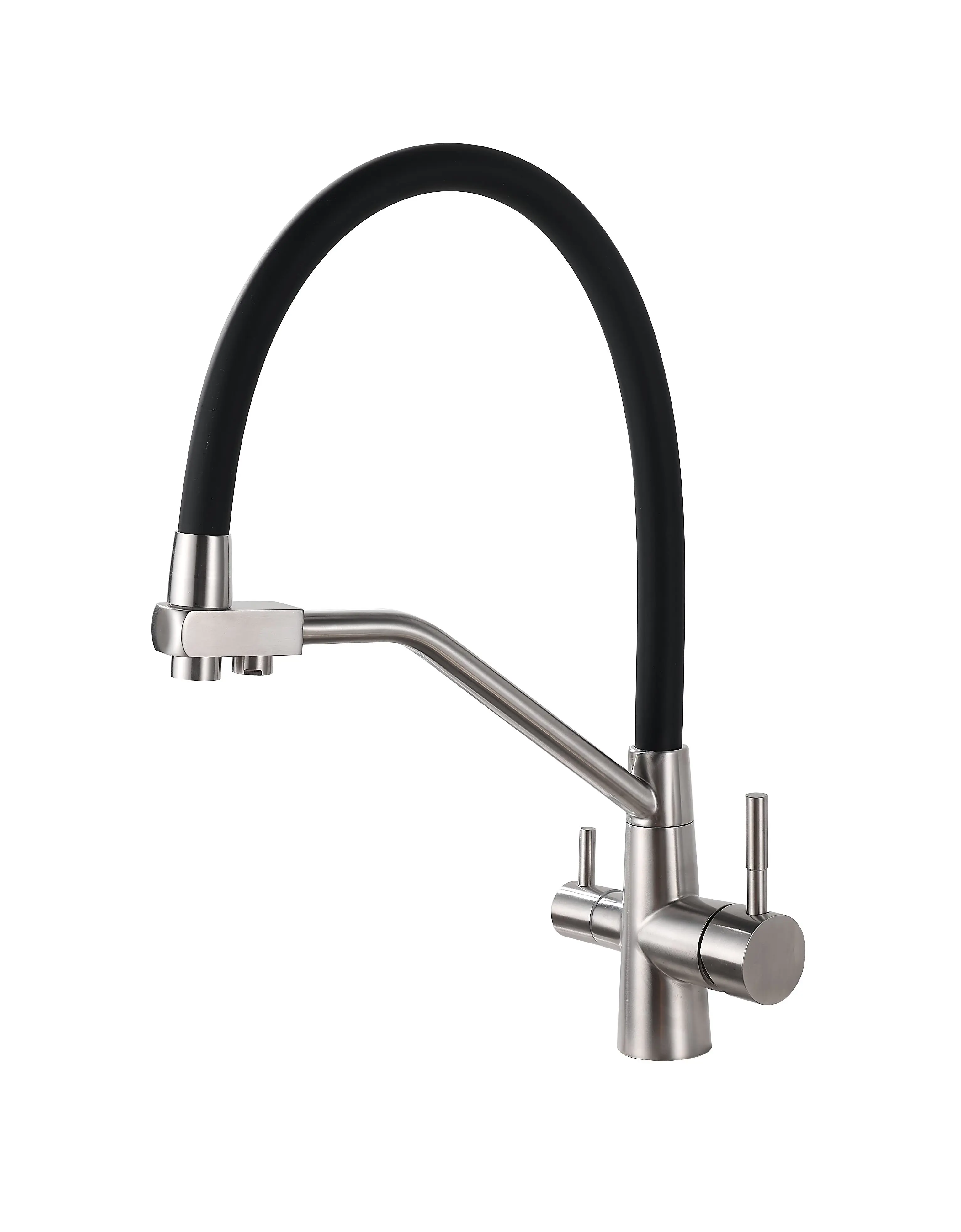 Изображение товара Смеситель для кухни однорычажный Oute T603S-2 двойной излив 20.30 см нержавеющая сталь цвет матовый хром/черный