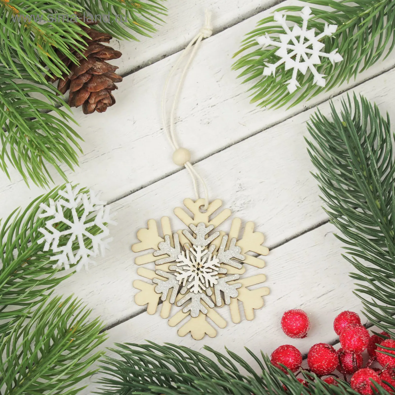 Изображение товара Елочная игрушка Новогодняя снежинка Лесная мастерская 2303458 6 см x 6 см бежевый