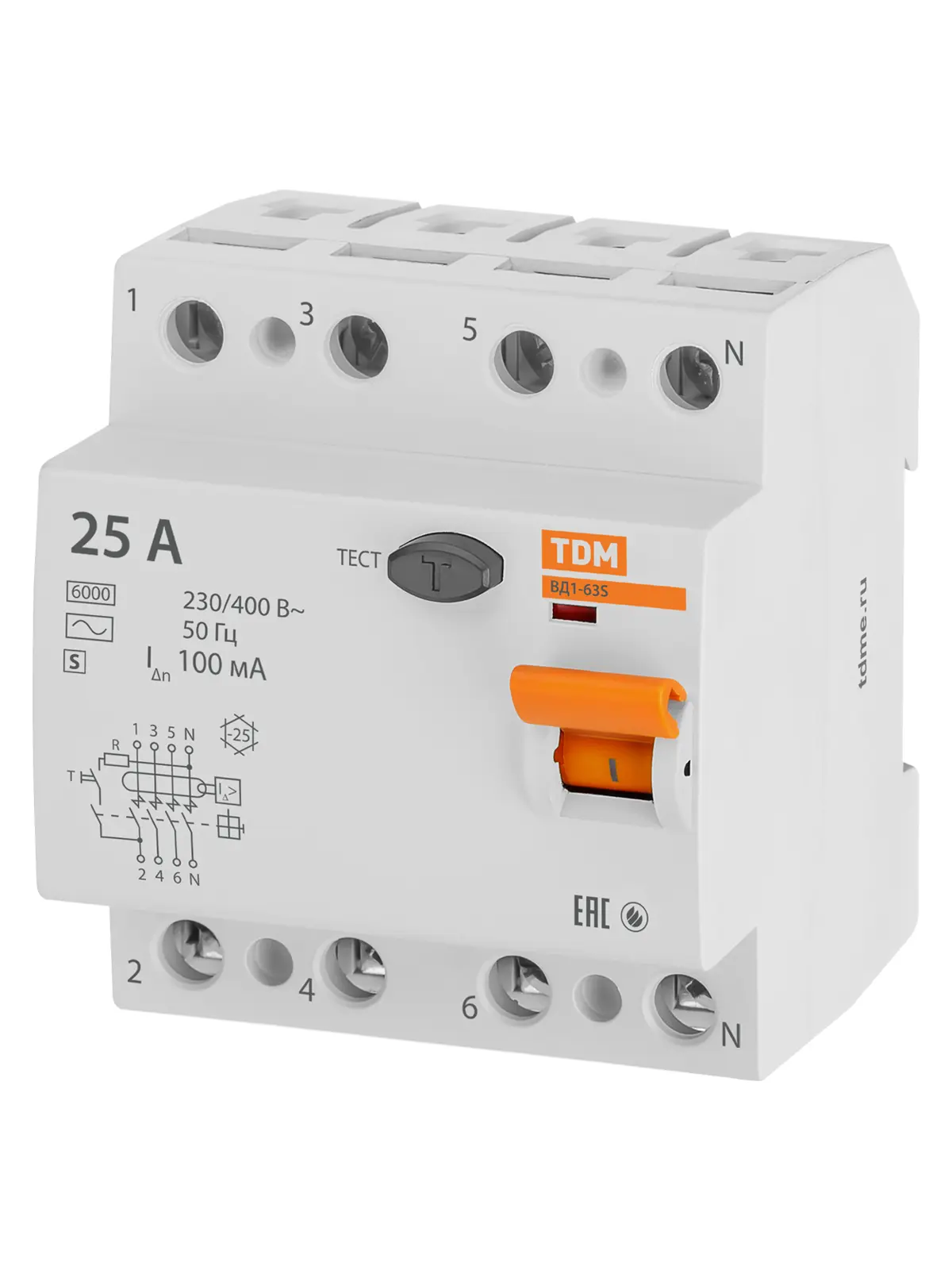 Изображение товара УЗО TDM Electric ВД1-63S 4Полюса 25А 100мА 6кА AC для домашней и коммерческой электросети