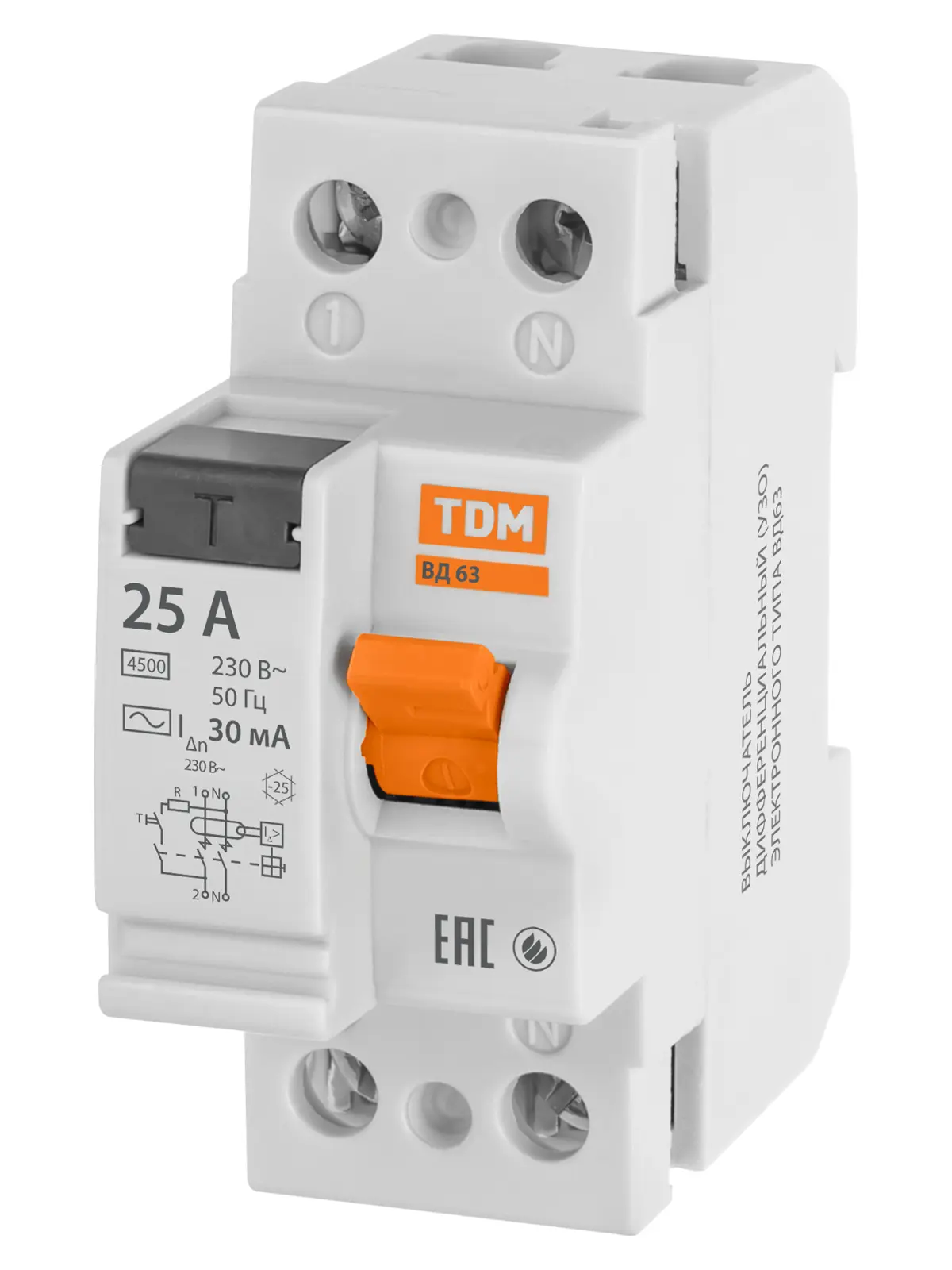 Изображение товара УЗО TDM Electric ВД-63 2Р 25 А 30 мА 4.5 кА AC