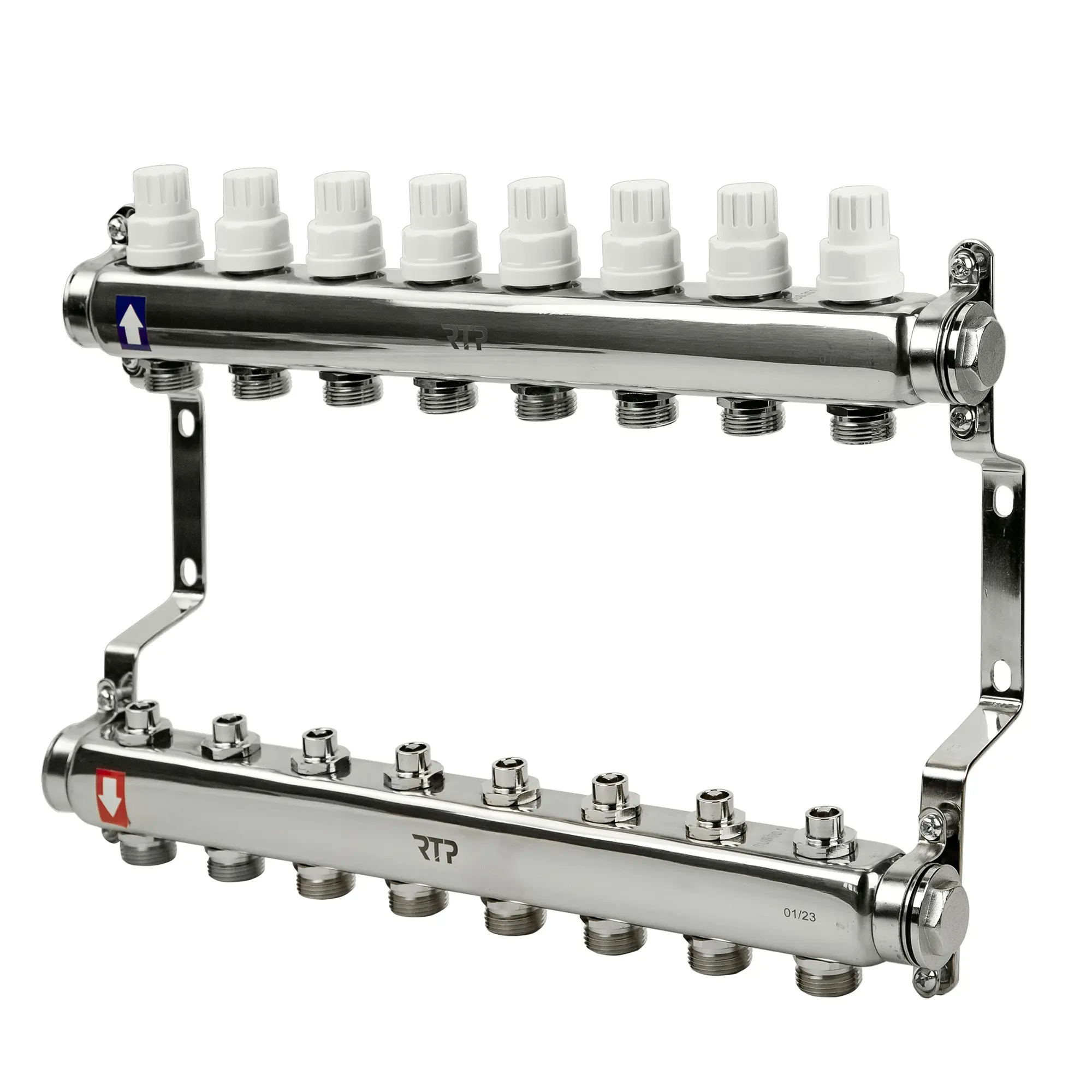 Изображение товара Коллекторная группа с ручными регулирующими клапанами и кронштейном Rtp 39463 на 8 выходов 1" нержавеющая сталь