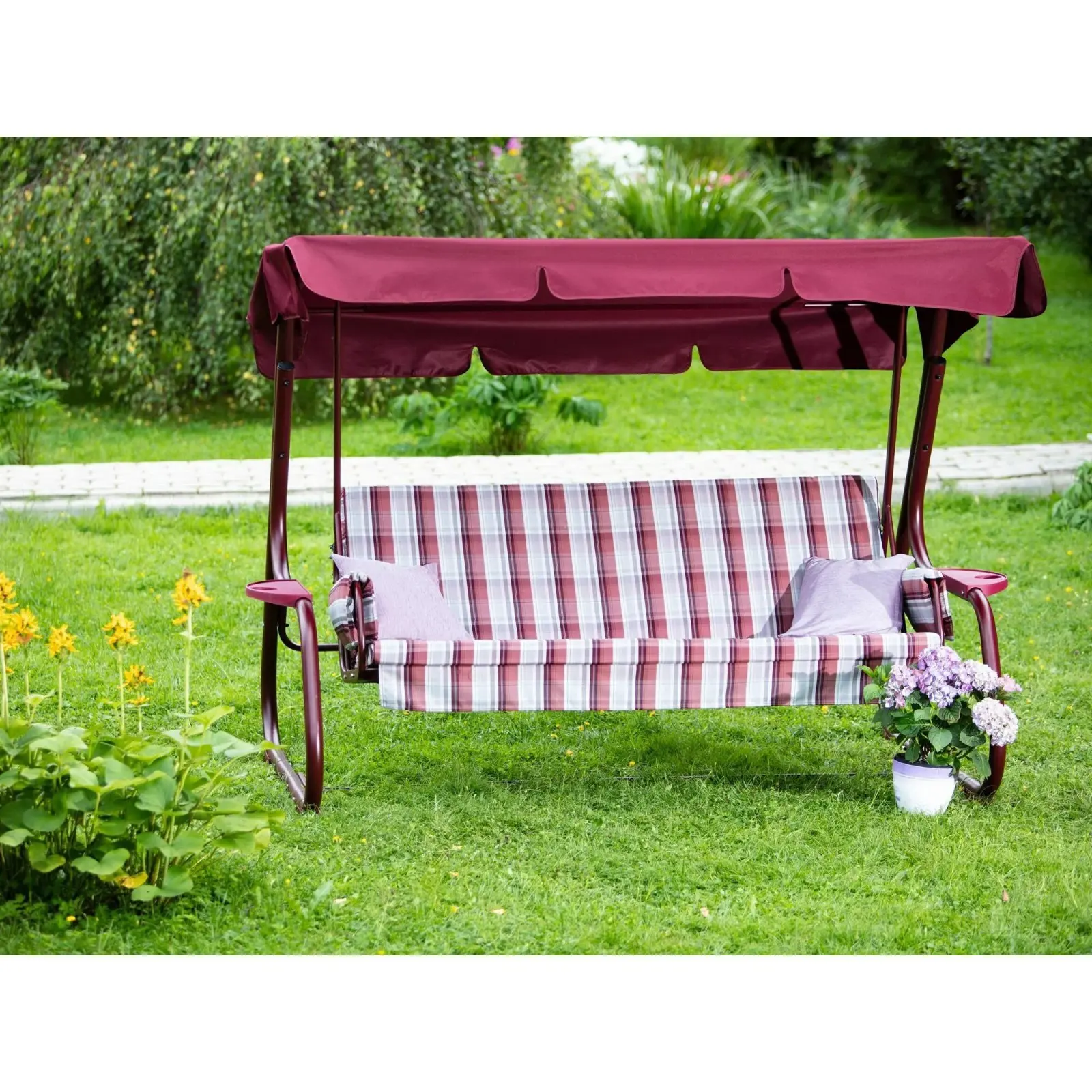 Изображение товара Качели садовые Simaland 3-х местные с регулировкой и крышей винный цвет