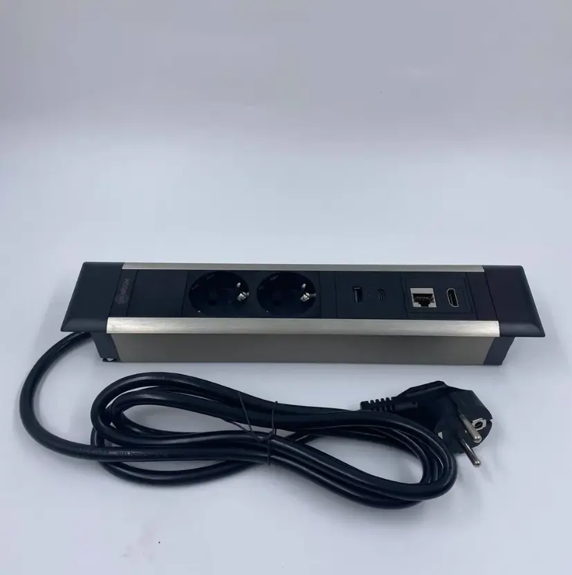 Изображение товара Розетка выдвижная двойная встраиваемая Inrior WL-02-20 с заземлением 2 USB HDMI RJ45 горизонтальная цвет черный