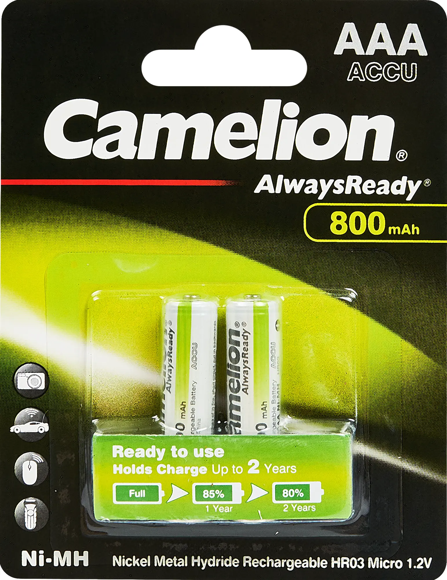 Изображение товара Аккумулятор Camelion Always Ready NH-AAA800ARBP2 Ni-Mh HR03 AAA 800 мАч 1.2В 2 шт.