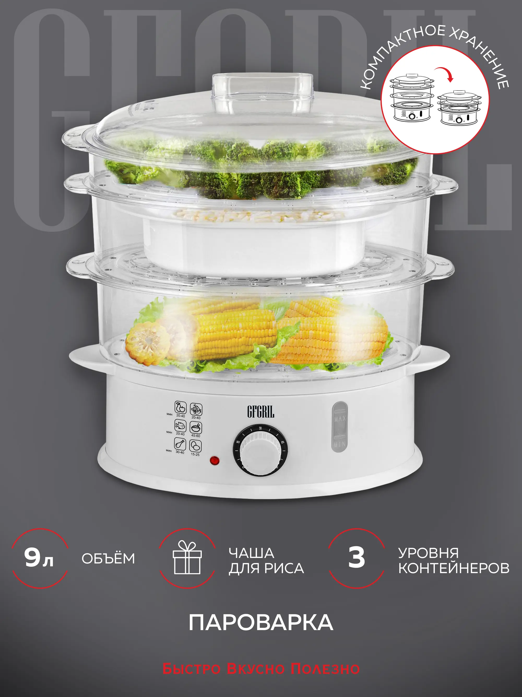 Изображение товара Пароварка Gfgril GFS-5MPP 800 Вт 9 л 3 уровня цвет белый