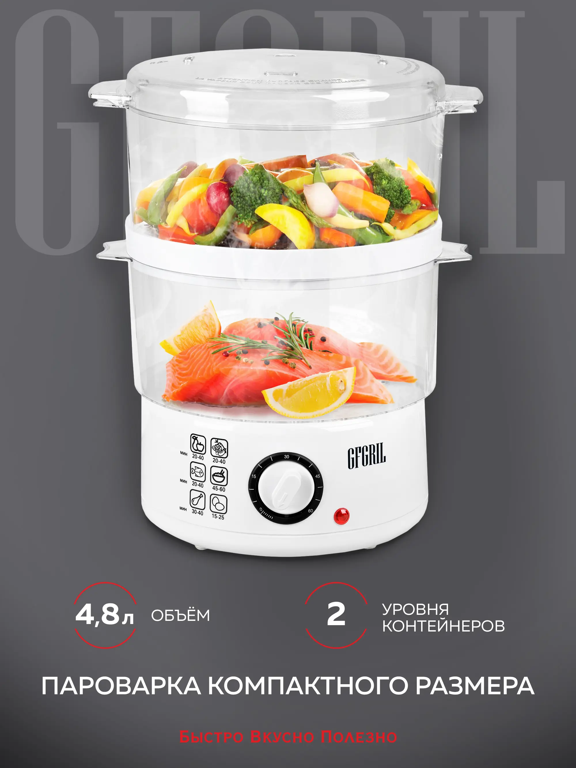 Изображение товара Пароварка Gfgril GFS-2M 400 Вт 4.8 л 2 уровня цвет белый