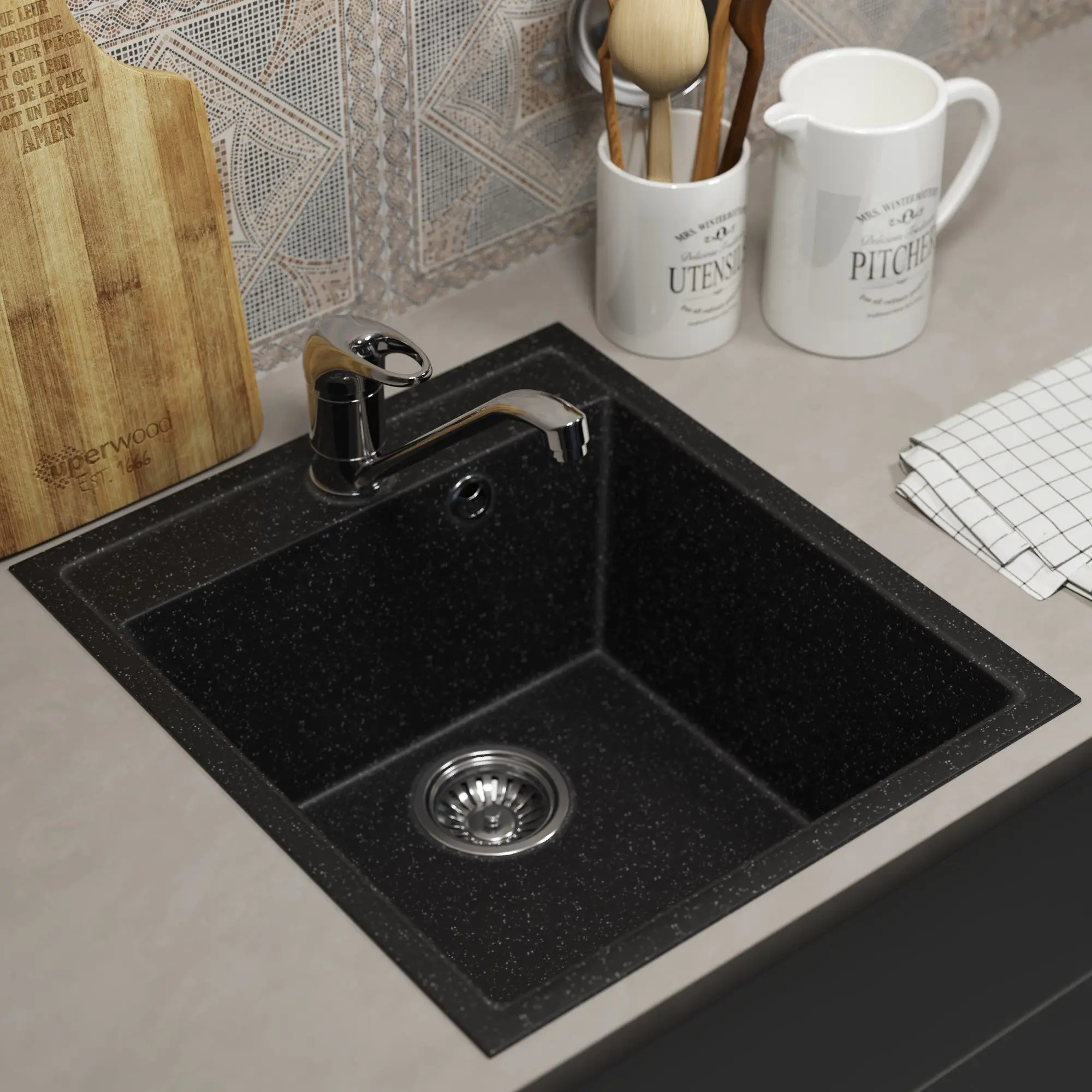 Изображение товара Мойка для кухни врезная Uperwood ECON UPD-404m 48.5x42.5 см глубина чаши 17.5 см искусственный камень цвет черный