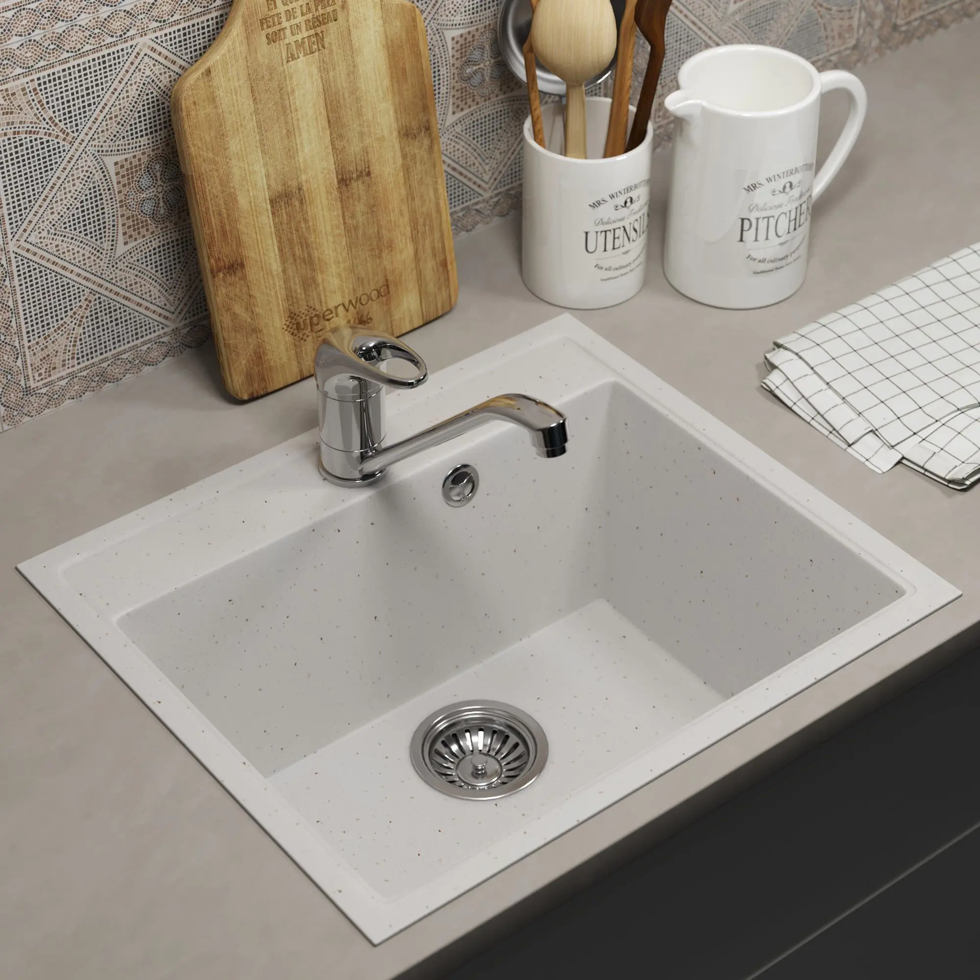 Изображение товара Мойка для кухни врезная Uperwood ECON UPD-408m 42x49 см глубина чаши 17 см искусственный камень цвет белый