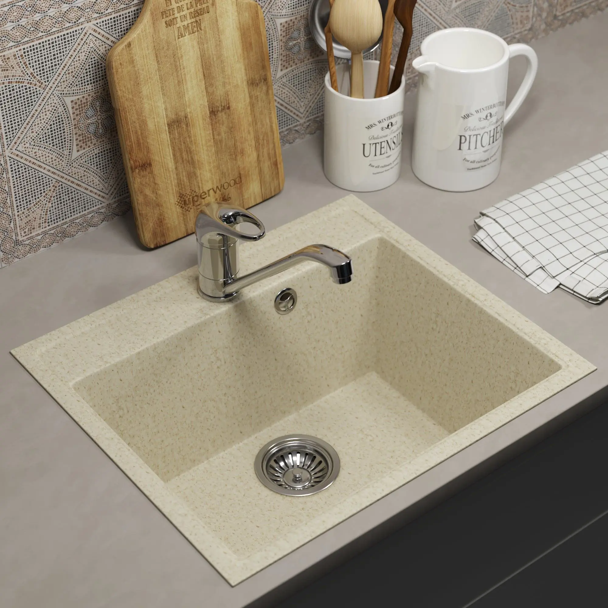Изображение товара Мойка для кухни врезная Uperwood ECON UPD-408m 42x49 см глубина чаши 17 см искусственный камень цвет бежевый