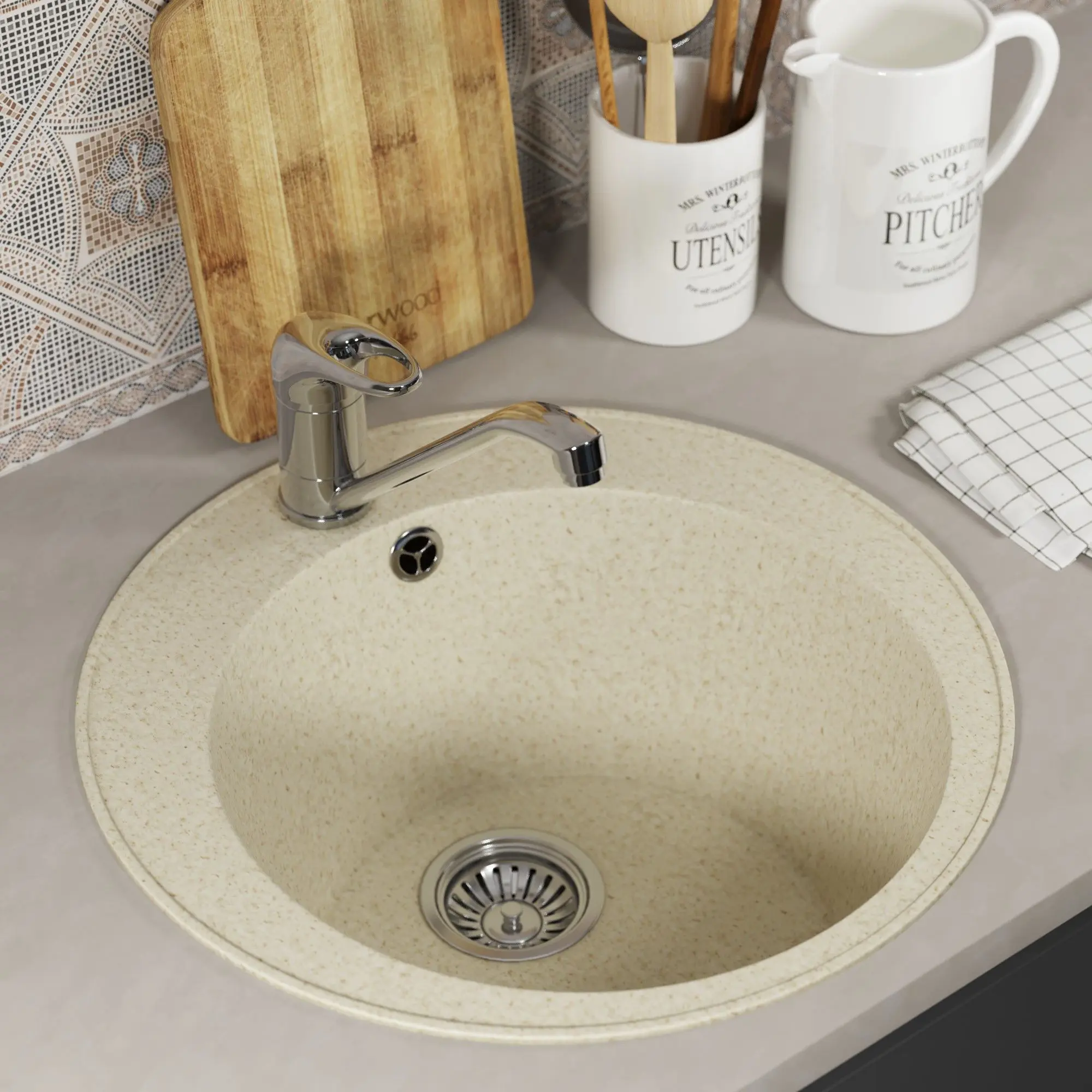 Изображение товара Мойка для кухни врезная Uperwood ECON UPD-405m 47.5x47.5 см глубина чаши 17 см искусственный камень цвет бежевый