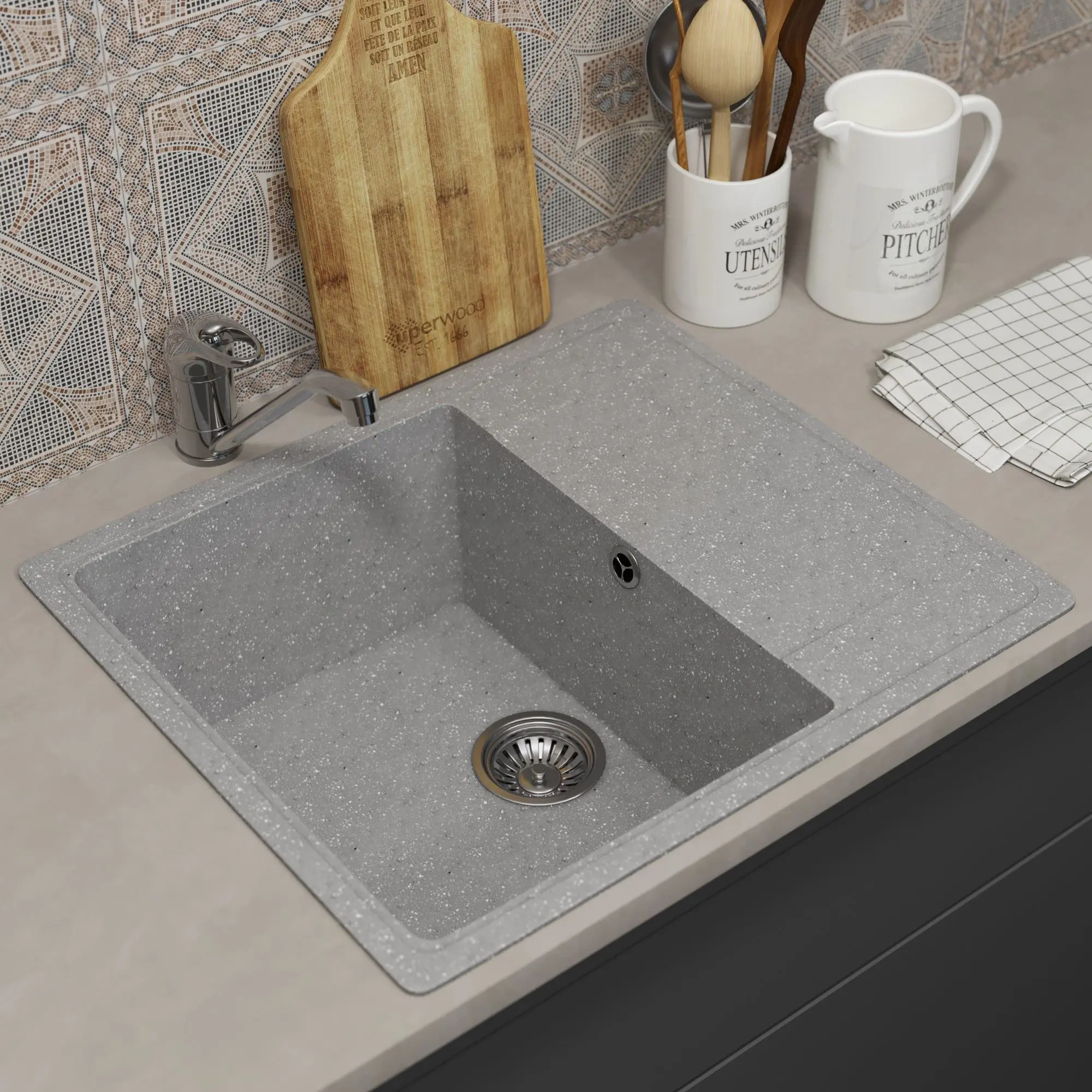 Изображение товара Мойка для кухни врезная Uperwood ECON UPD-201m 49.5x57.5 см глубина чаши 19 см искусственный камень цвет серый