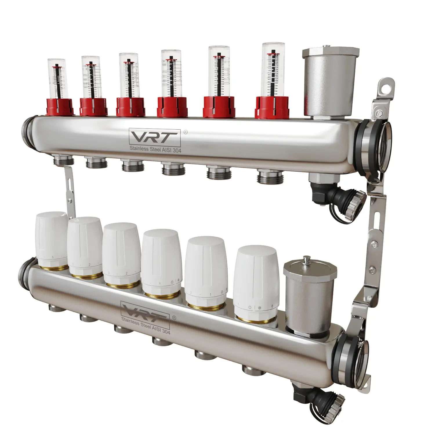 Изображение товара Коллекторная группа с расходомерами для отопления 6 выходов, нержавеющая сталь, VRT 530145