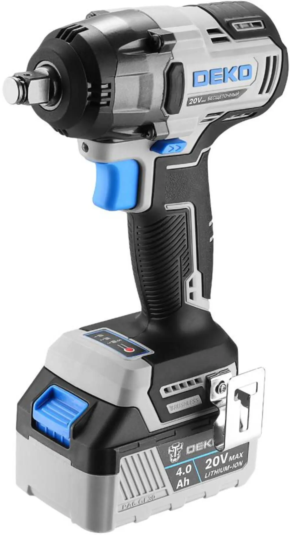 Изображение товара Гайковерт аккумуляторный ударный бесщеточный Deko ZKIS20 084-1046, 20 В Li-ion 4 Ач, 400 Нм